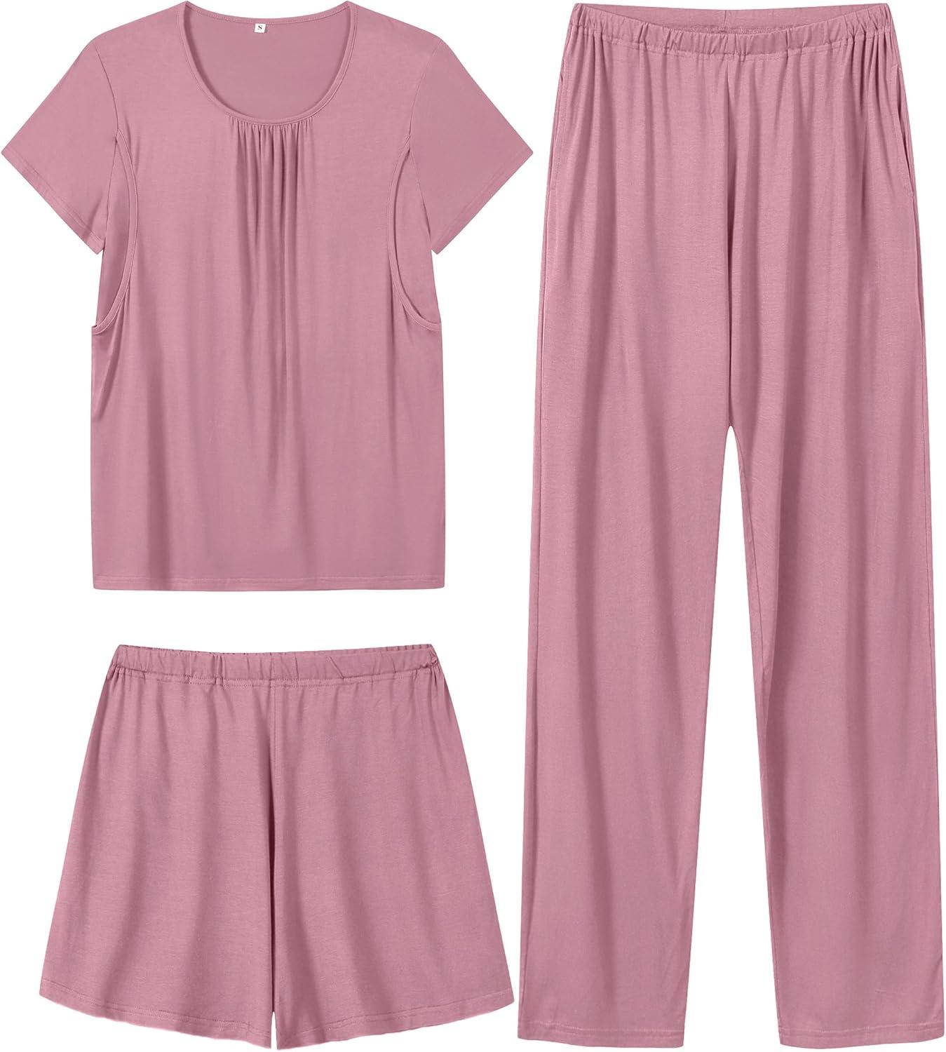 imageSWOMOG Women 3Pcs Maternity Pajama Set Nursing Pjs Pregnancy Set Breastfeeding Pjs Double Layer with PocketsTaropurple