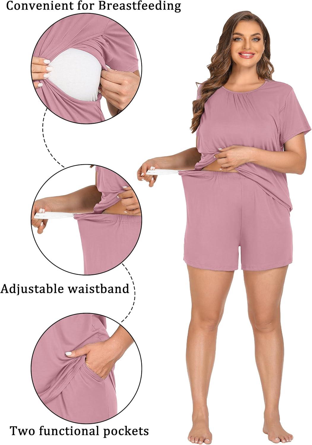 imageSWOMOG Women 3Pcs Maternity Pajama Set Nursing Pjs Pregnancy Set Breastfeeding Pjs Double Layer with PocketsTaropurple