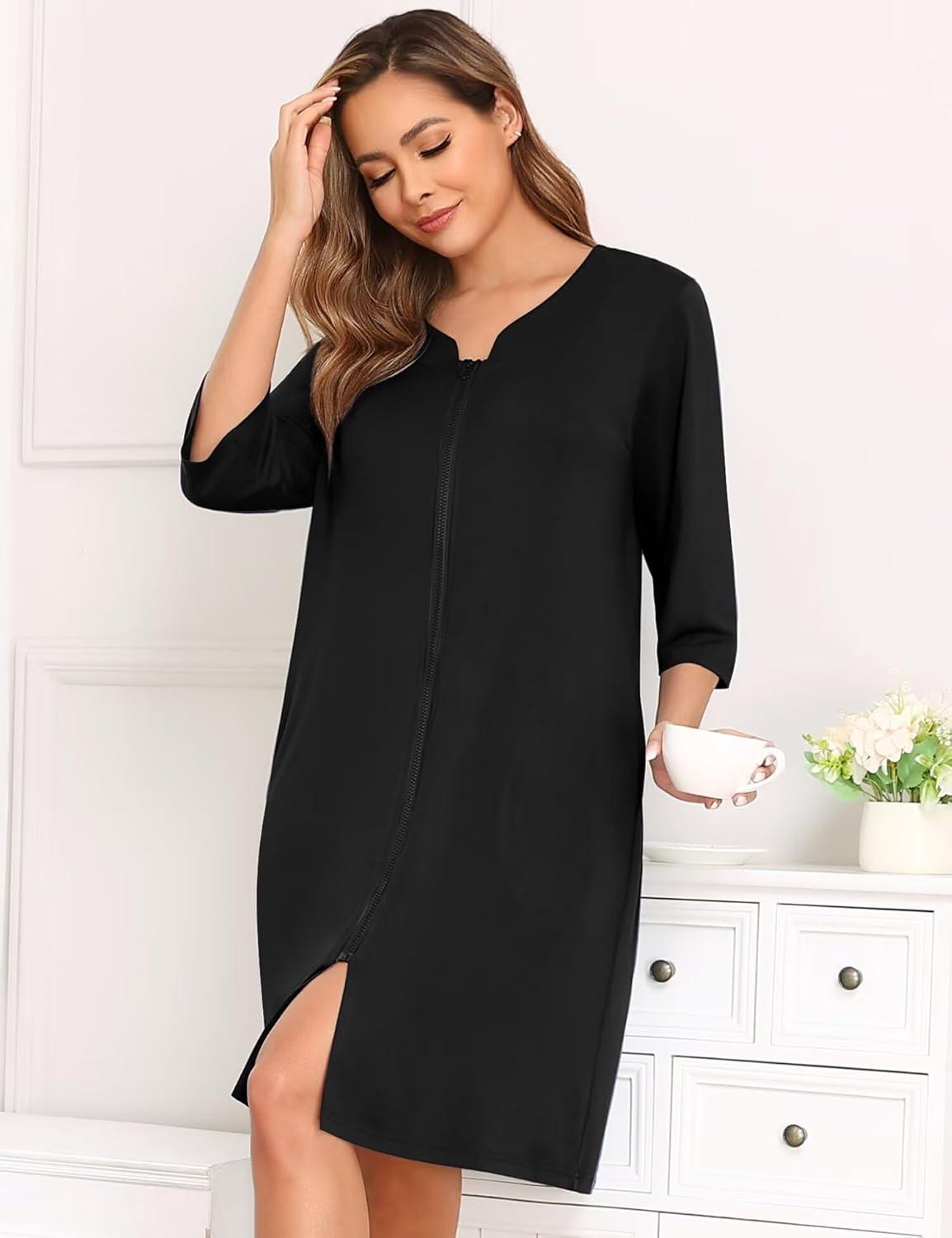 imageSWOMOG Women House Dress Nightgowns Duster Housecoat Zipper Robe Soft Sleepwear with PocketsBlack