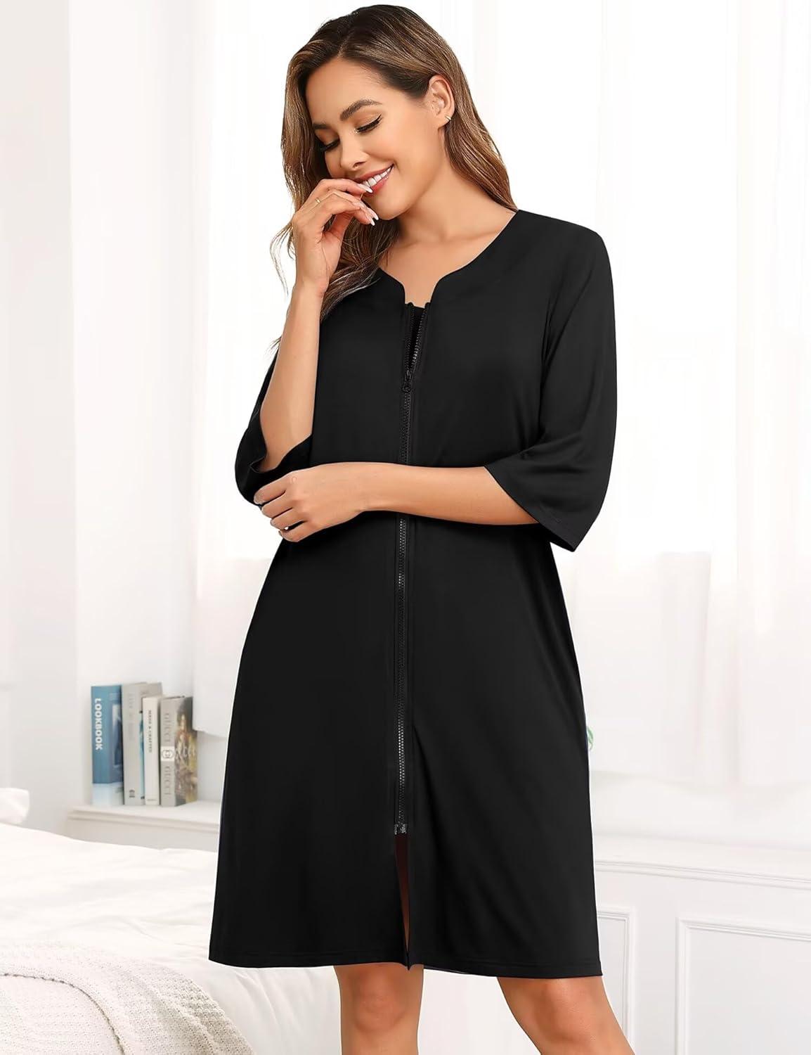 imageSWOMOG Women House Dress Nightgowns Duster Housecoat Zipper Robe Soft Sleepwear with PocketsBlack