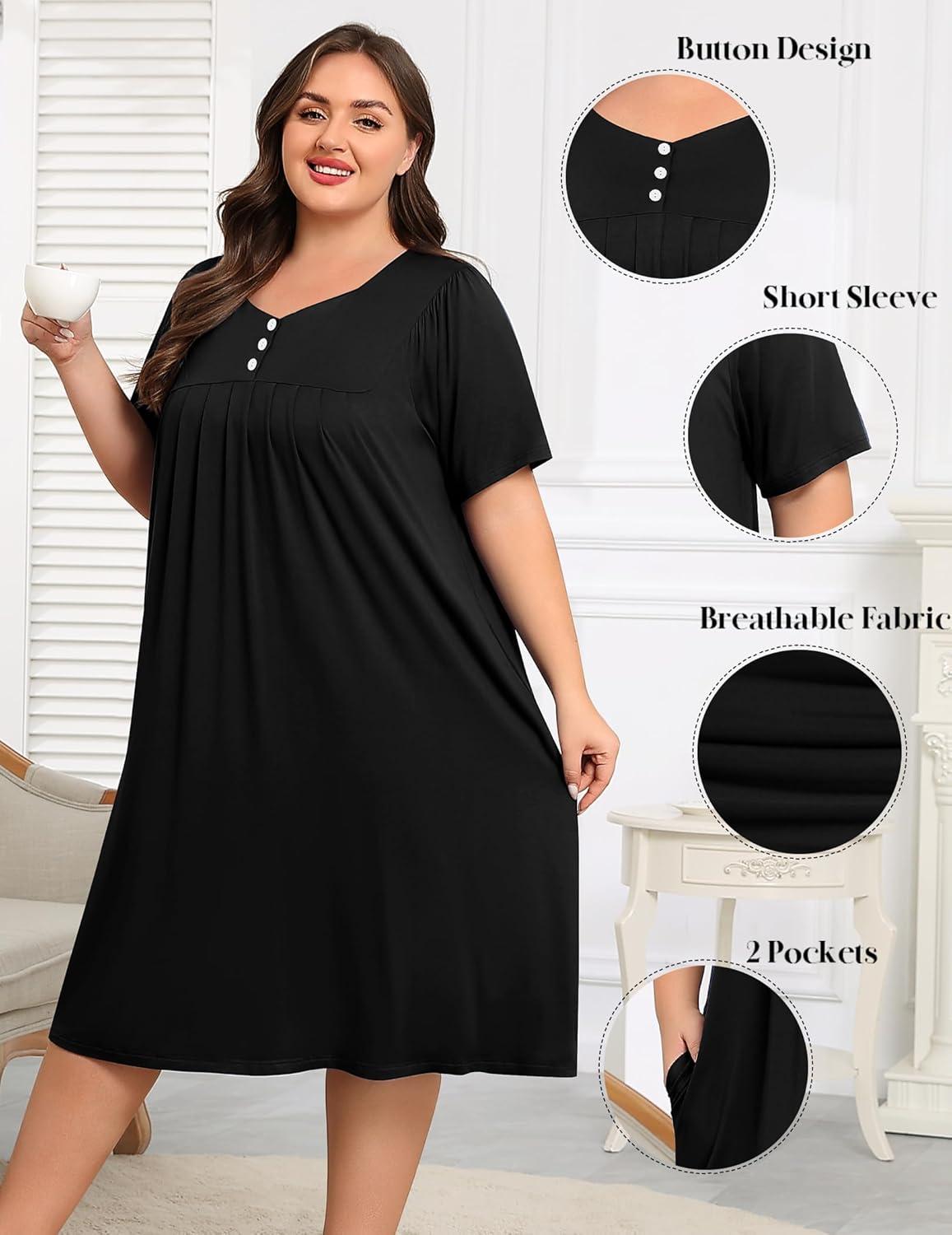 imageSWOMOG Women Plus Size House Dress Floral Print Nightgown for Women Button Sleepwear Mumu Dress with Pockets 18W26WBlack