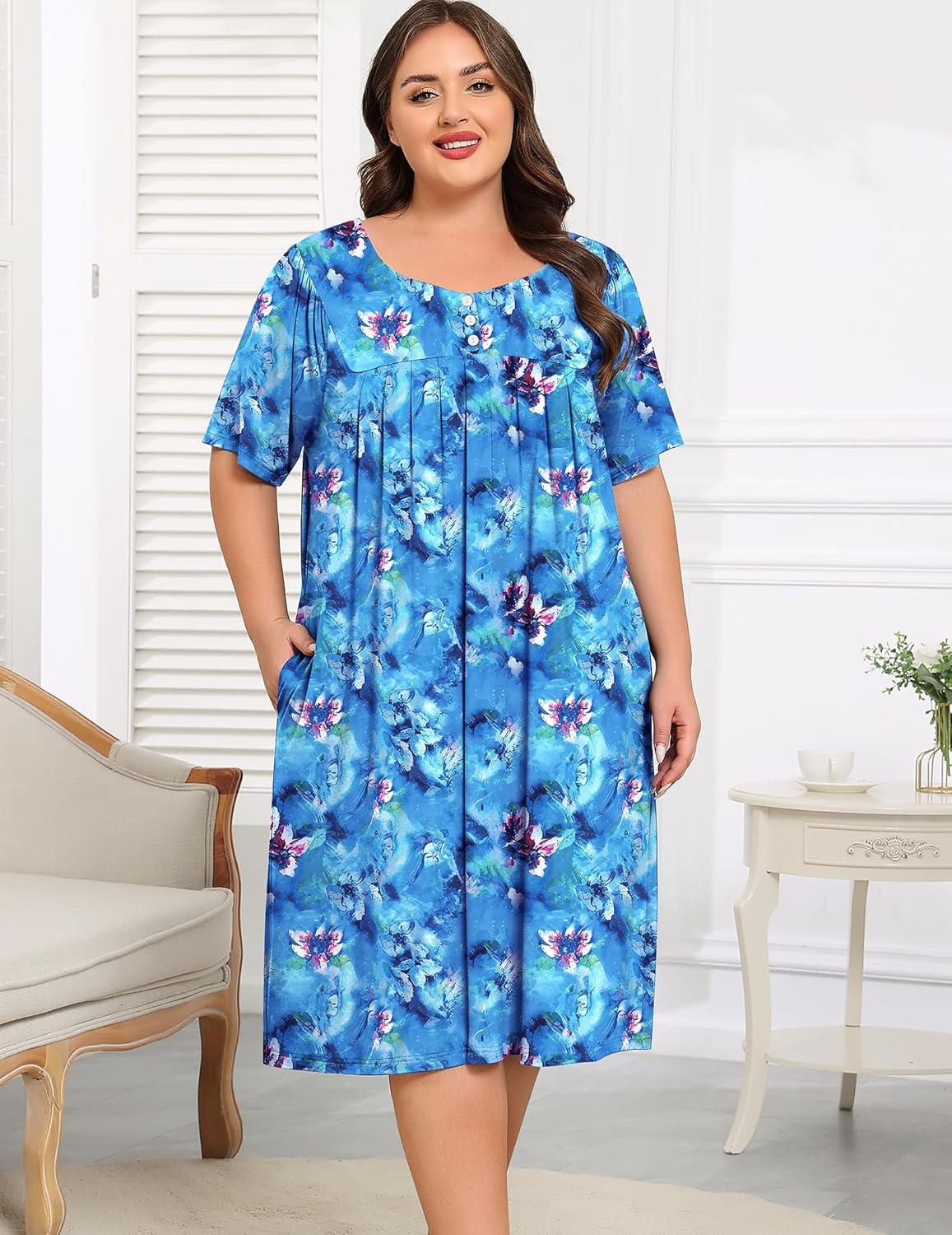 imageSWOMOG Women Plus Size House Dress Floral Print Nightgown for Women Button Sleepwear Mumu Dress with Pockets 18W26WBlue