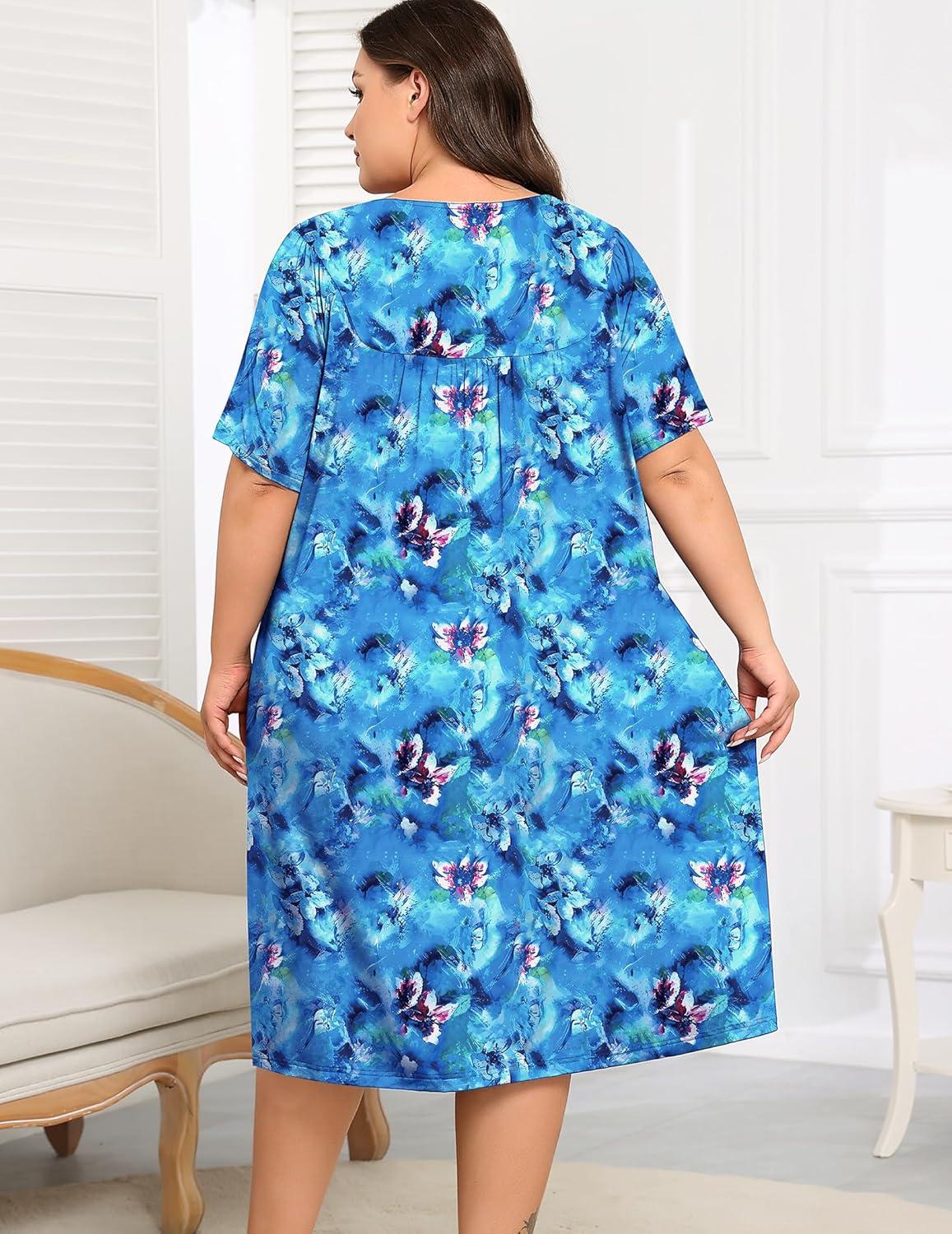 imageSWOMOG Women Plus Size House Dress Floral Print Nightgown for Women Button Sleepwear Mumu Dress with Pockets 18W26WBlue