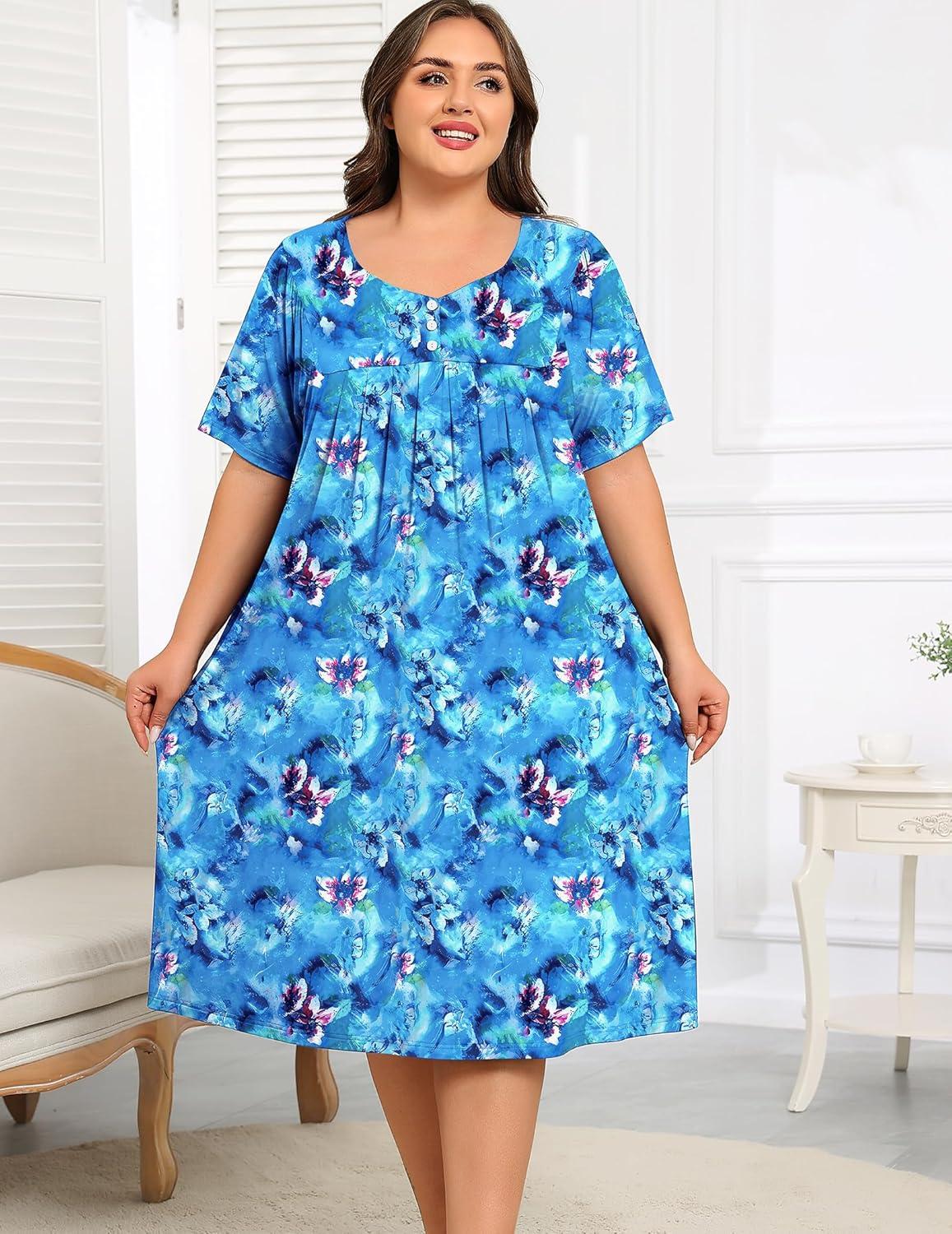 imageSWOMOG Women Plus Size House Dress Floral Print Nightgown for Women Button Sleepwear Mumu Dress with Pockets 18W26WBlue