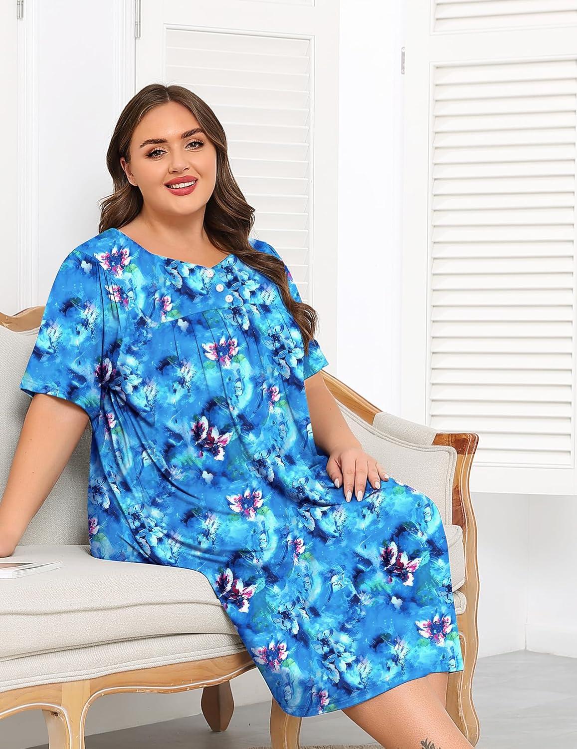 imageSWOMOG Women Plus Size House Dress Floral Print Nightgown for Women Button Sleepwear Mumu Dress with Pockets 18W26WBlue