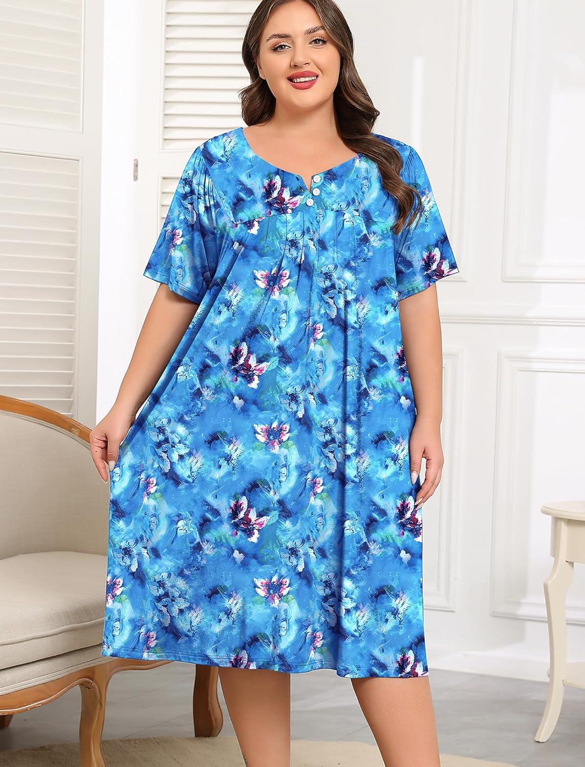 imageSWOMOG Women Plus Size House Dress Floral Print Nightgown for Women Button Sleepwear Mumu Dress with Pockets 18W26WBlue