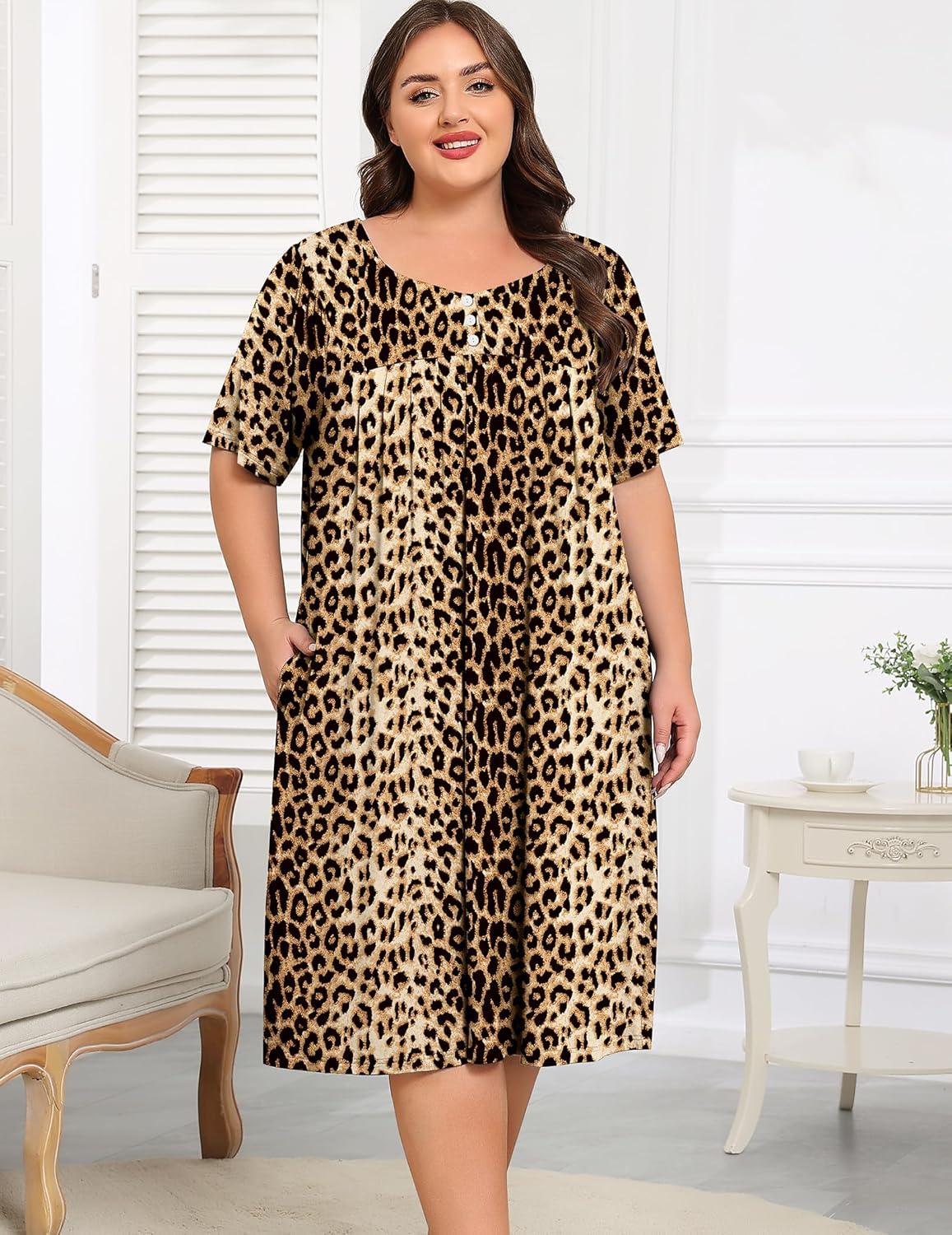imageSWOMOG Women Plus Size House Dress Floral Print Nightgown for Women Button Sleepwear Mumu Dress with Pockets 18W26WLeopard