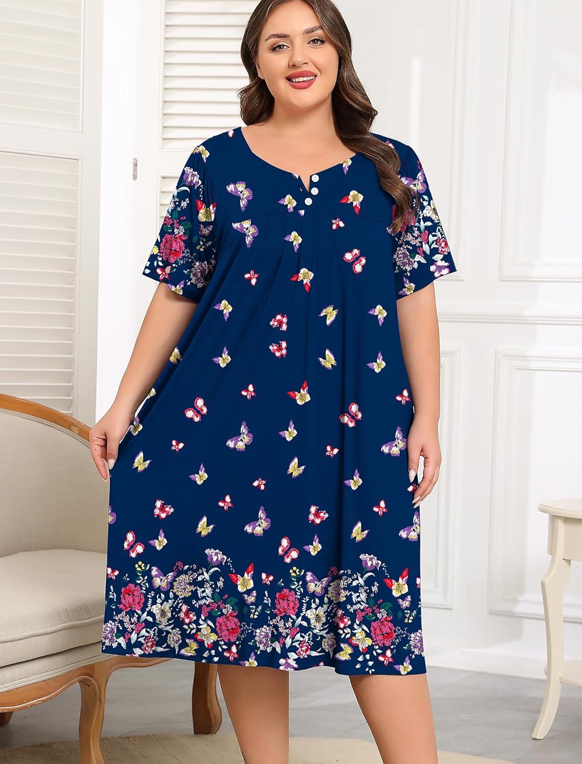 imageSWOMOG Women Plus Size House Dress Floral Print Nightgown for Women Button Sleepwear Mumu Dress with Pockets 18W26WNavy Blue Butterfly