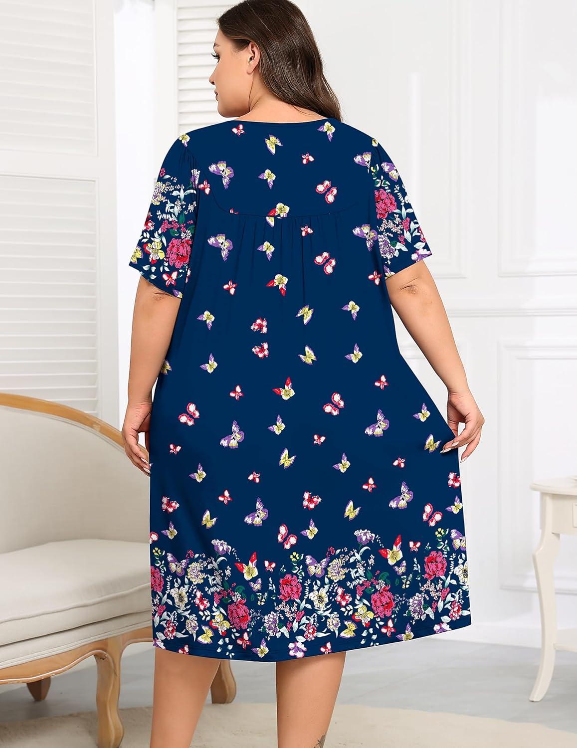 imageSWOMOG Women Plus Size House Dress Floral Print Nightgown for Women Button Sleepwear Mumu Dress with Pockets 18W26WNavy Blue Butterfly