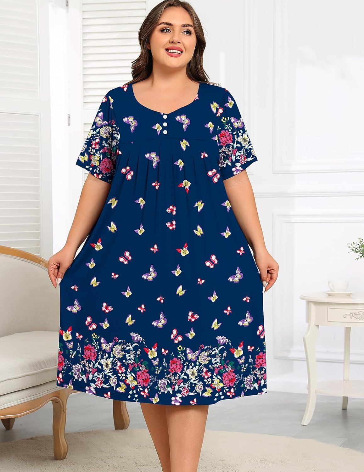 imageSWOMOG Women Plus Size House Dress Floral Print Nightgown for Women Button Sleepwear Mumu Dress with Pockets 18W26WNavy Blue Butterfly