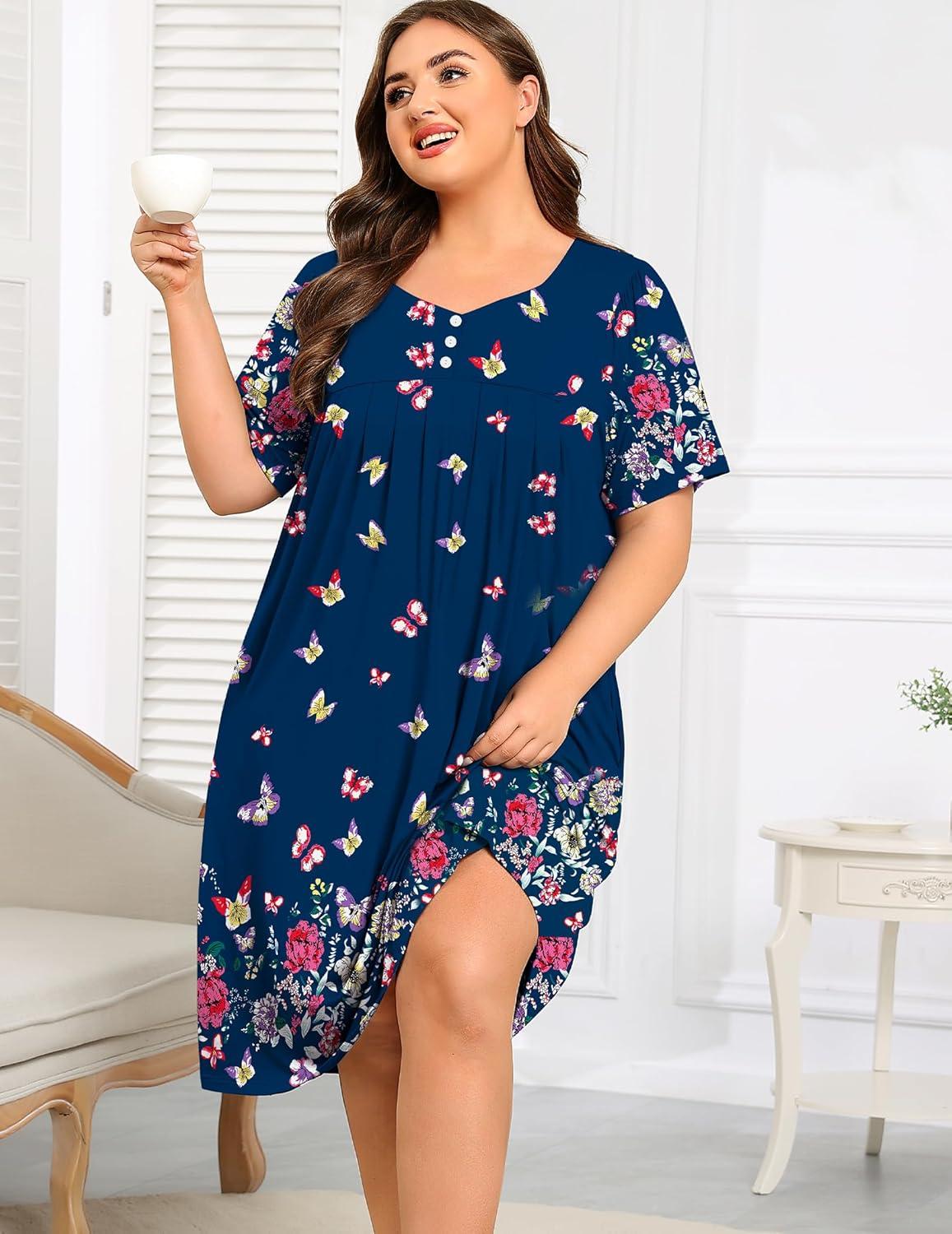 imageSWOMOG Women Plus Size House Dress Floral Print Nightgown for Women Button Sleepwear Mumu Dress with Pockets 18W26WNavy Blue Butterfly