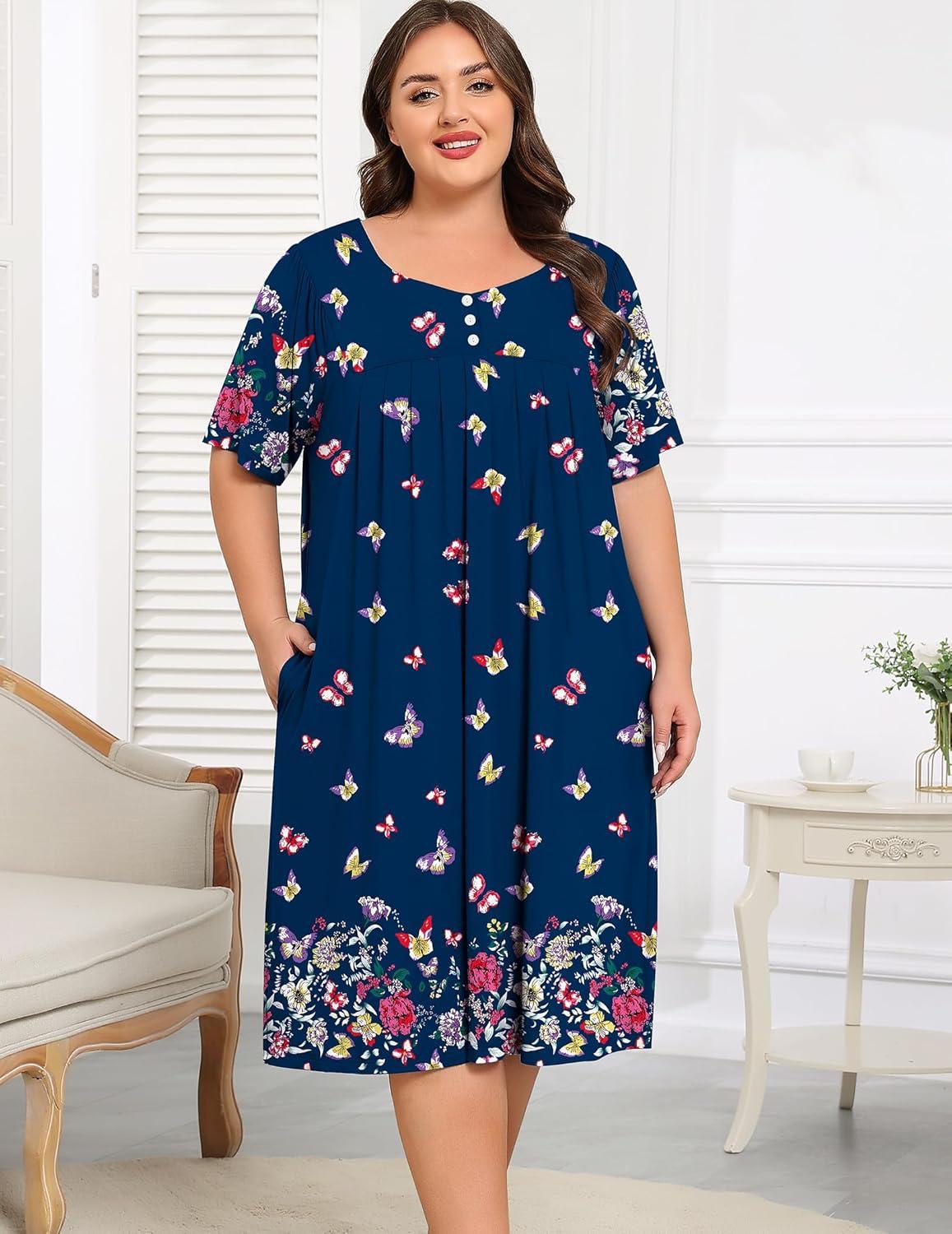 imageSWOMOG Women Plus Size House Dress Floral Print Nightgown for Women Button Sleepwear Mumu Dress with Pockets 18W26WNavy Blue Butterfly