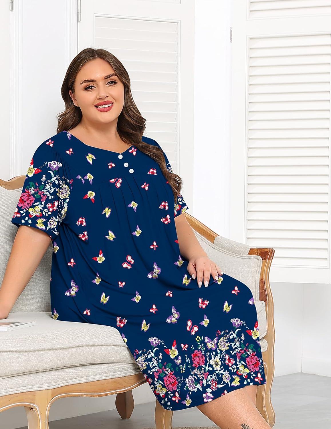 imageSWOMOG Women Plus Size House Dress Floral Print Nightgown for Women Button Sleepwear Mumu Dress with Pockets 18W26WNavy Blue Butterfly