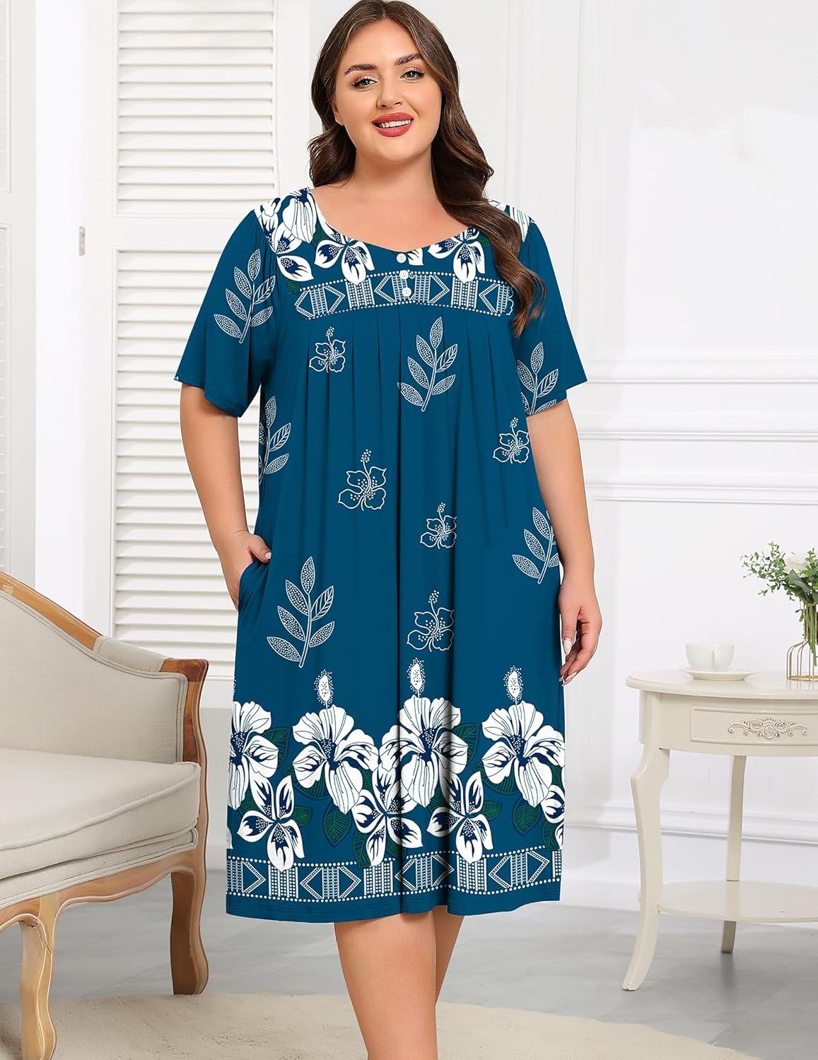 imageSWOMOG Women Plus Size House Dress Floral Print Nightgown for Women Button Sleepwear Mumu Dress with Pockets 18W26WNavy Blue Flower