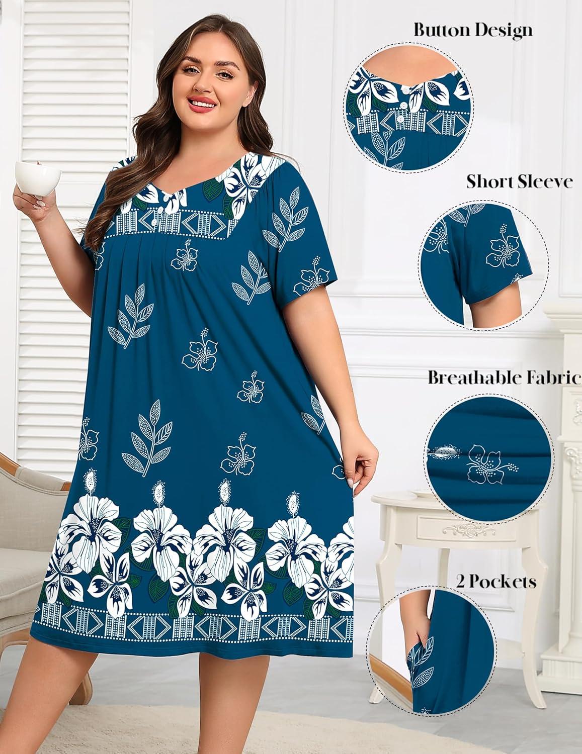 imageSWOMOG Women Plus Size House Dress Floral Print Nightgown for Women Button Sleepwear Mumu Dress with Pockets 18W26WNavy Blue Flower