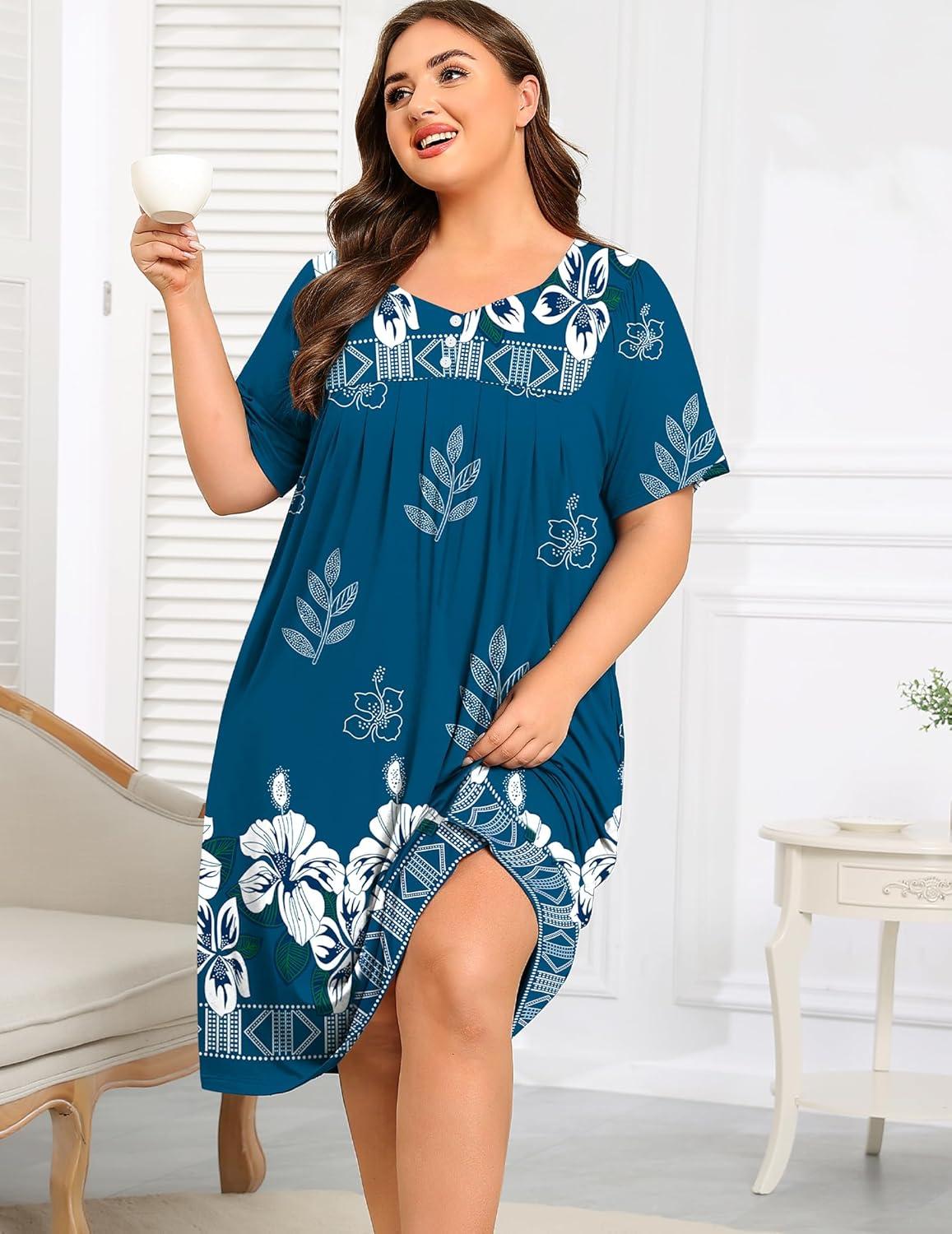 imageSWOMOG Women Plus Size House Dress Floral Print Nightgown for Women Button Sleepwear Mumu Dress with Pockets 18W26WNavy Blue Flower