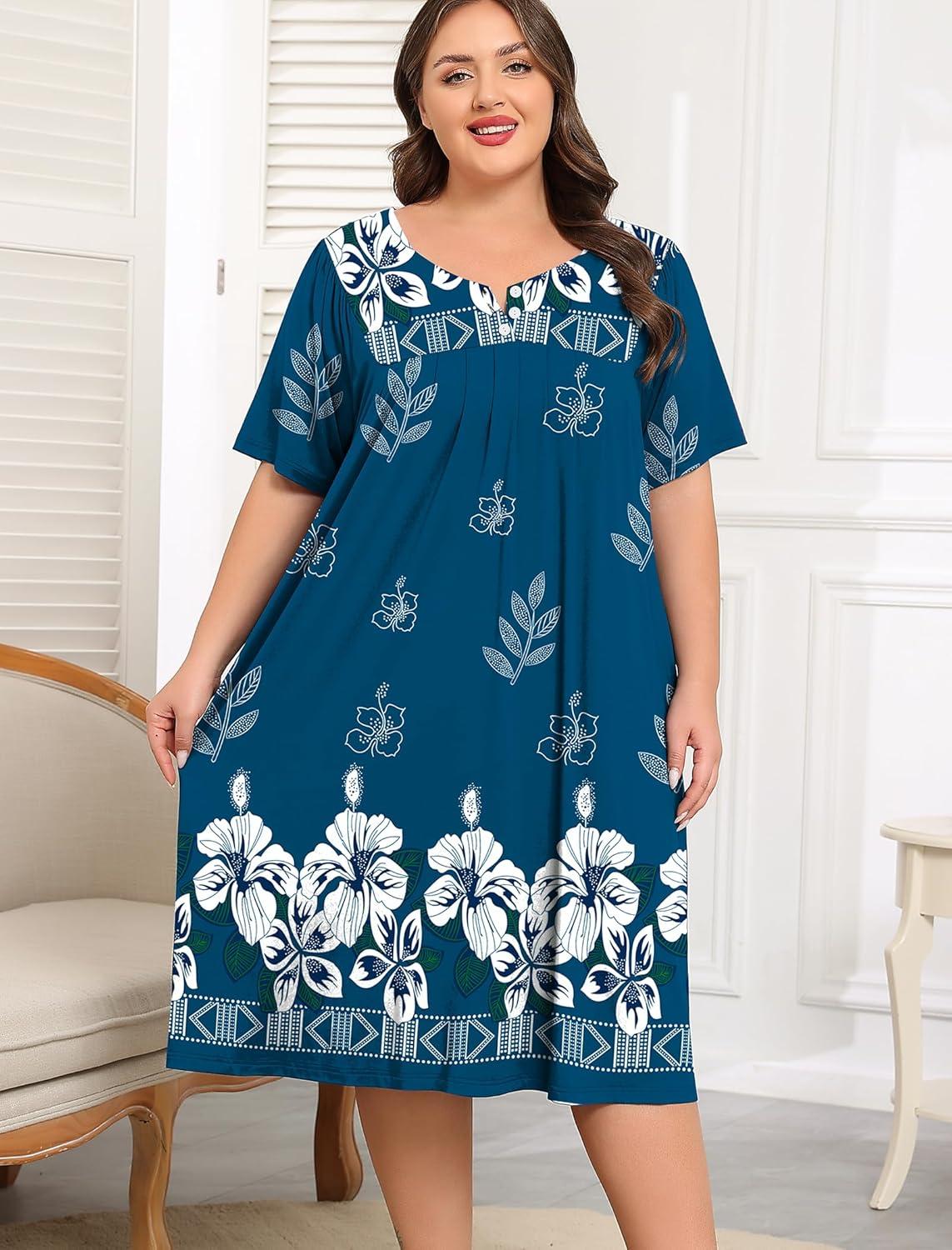 imageSWOMOG Women Plus Size House Dress Floral Print Nightgown for Women Button Sleepwear Mumu Dress with Pockets 18W26WNavy Blue Flower