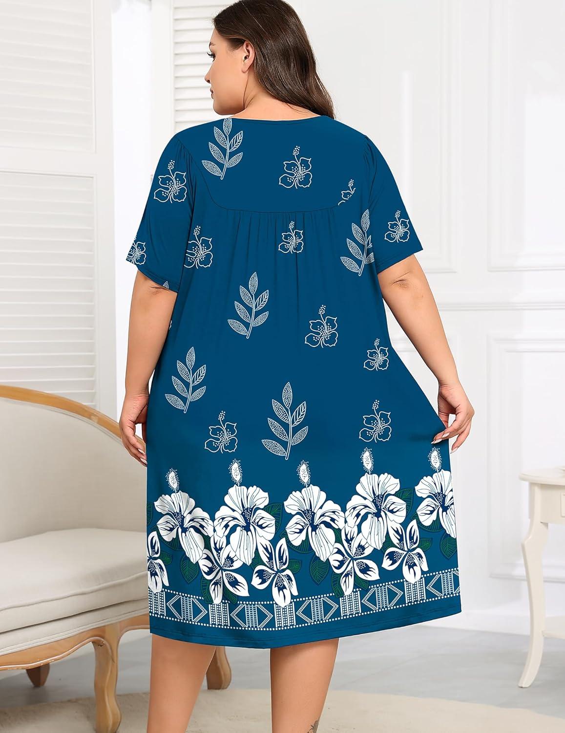imageSWOMOG Women Plus Size House Dress Floral Print Nightgown for Women Button Sleepwear Mumu Dress with Pockets 18W26WNavy Blue Flower