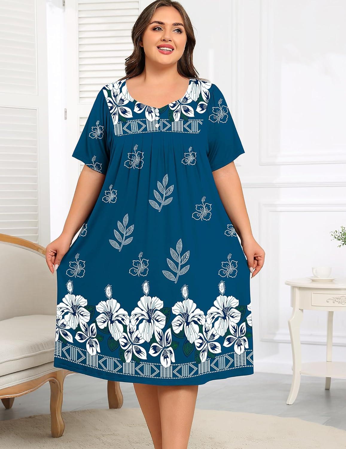 imageSWOMOG Women Plus Size House Dress Floral Print Nightgown for Women Button Sleepwear Mumu Dress with Pockets 18W26WNavy Blue Flower