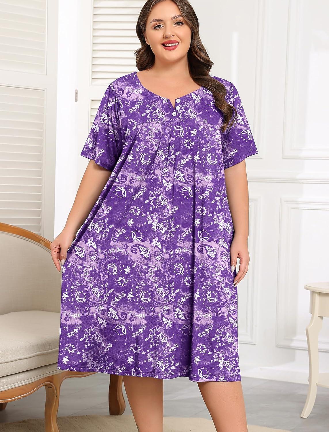 imageSWOMOG Women Plus Size House Dress Floral Print Nightgown for Women Button Sleepwear Mumu Dress with Pockets 18W26WPurple