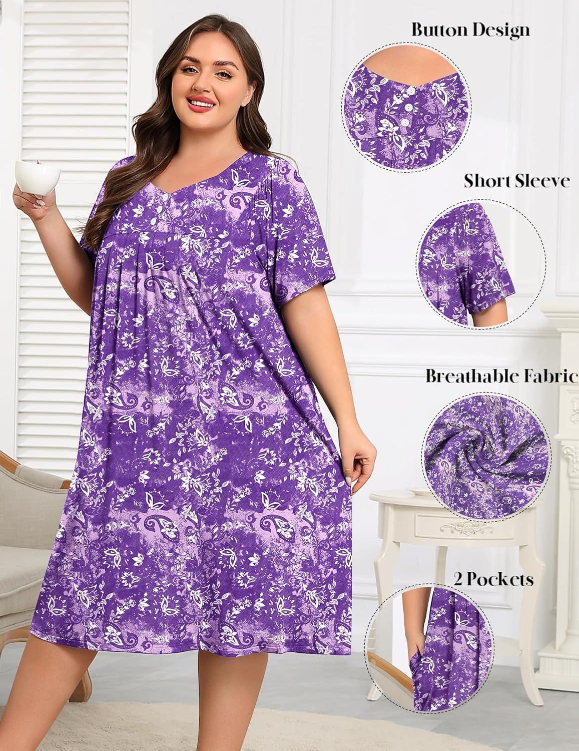 imageSWOMOG Women Plus Size House Dress Floral Print Nightgown for Women Button Sleepwear Mumu Dress with Pockets 18W26WPurple