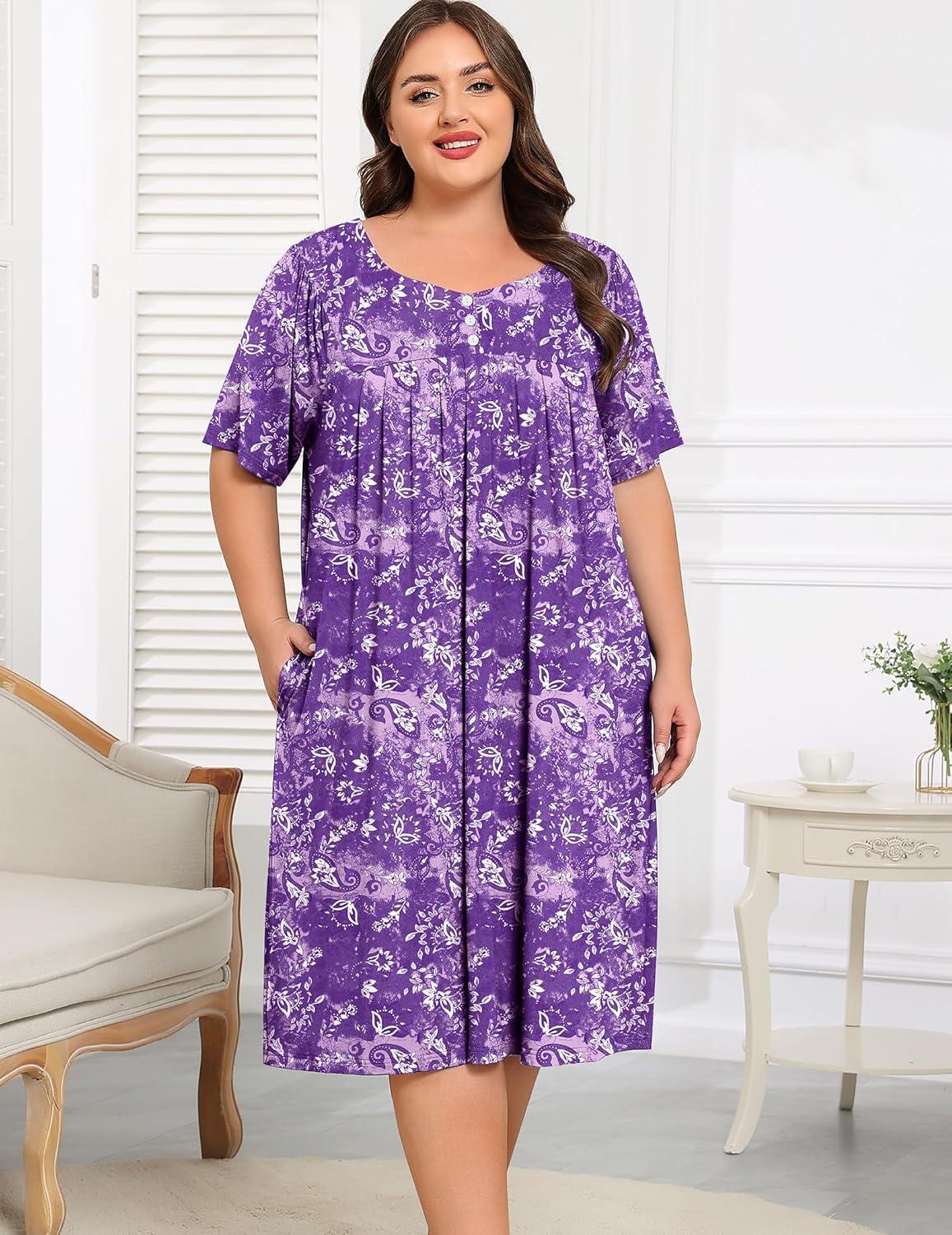 imageSWOMOG Women Plus Size House Dress Floral Print Nightgown for Women Button Sleepwear Mumu Dress with Pockets 18W26WPurple