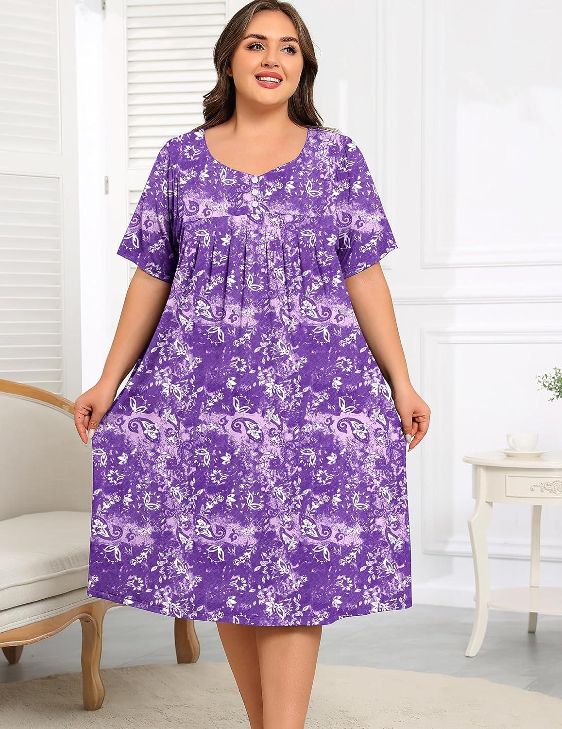 imageSWOMOG Women Plus Size House Dress Floral Print Nightgown for Women Button Sleepwear Mumu Dress with Pockets 18W26WPurple
