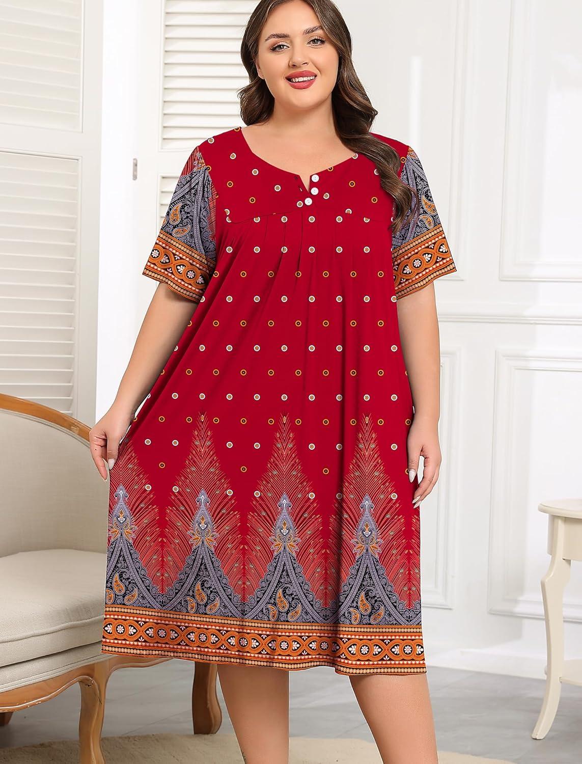 imageSWOMOG Women Plus Size House Dress Floral Print Nightgown for Women Button Sleepwear Mumu Dress with Pockets 18W26WRed