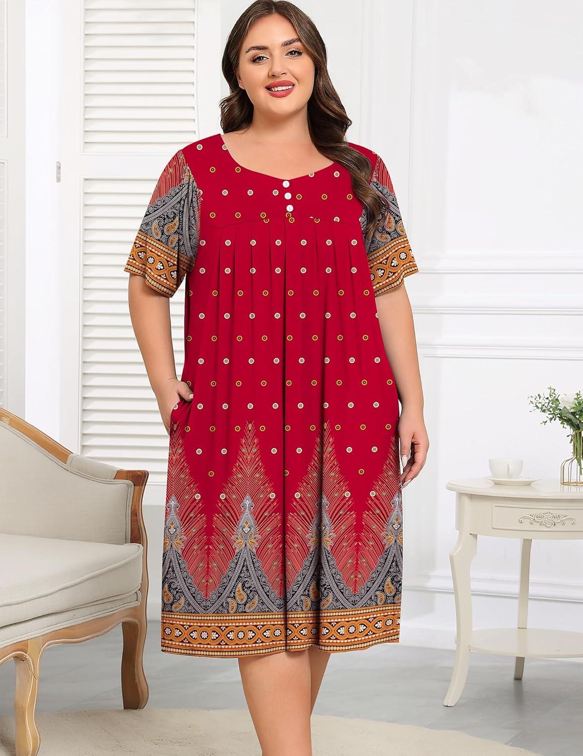 imageSWOMOG Women Plus Size House Dress Floral Print Nightgown for Women Button Sleepwear Mumu Dress with Pockets 18W26WRed