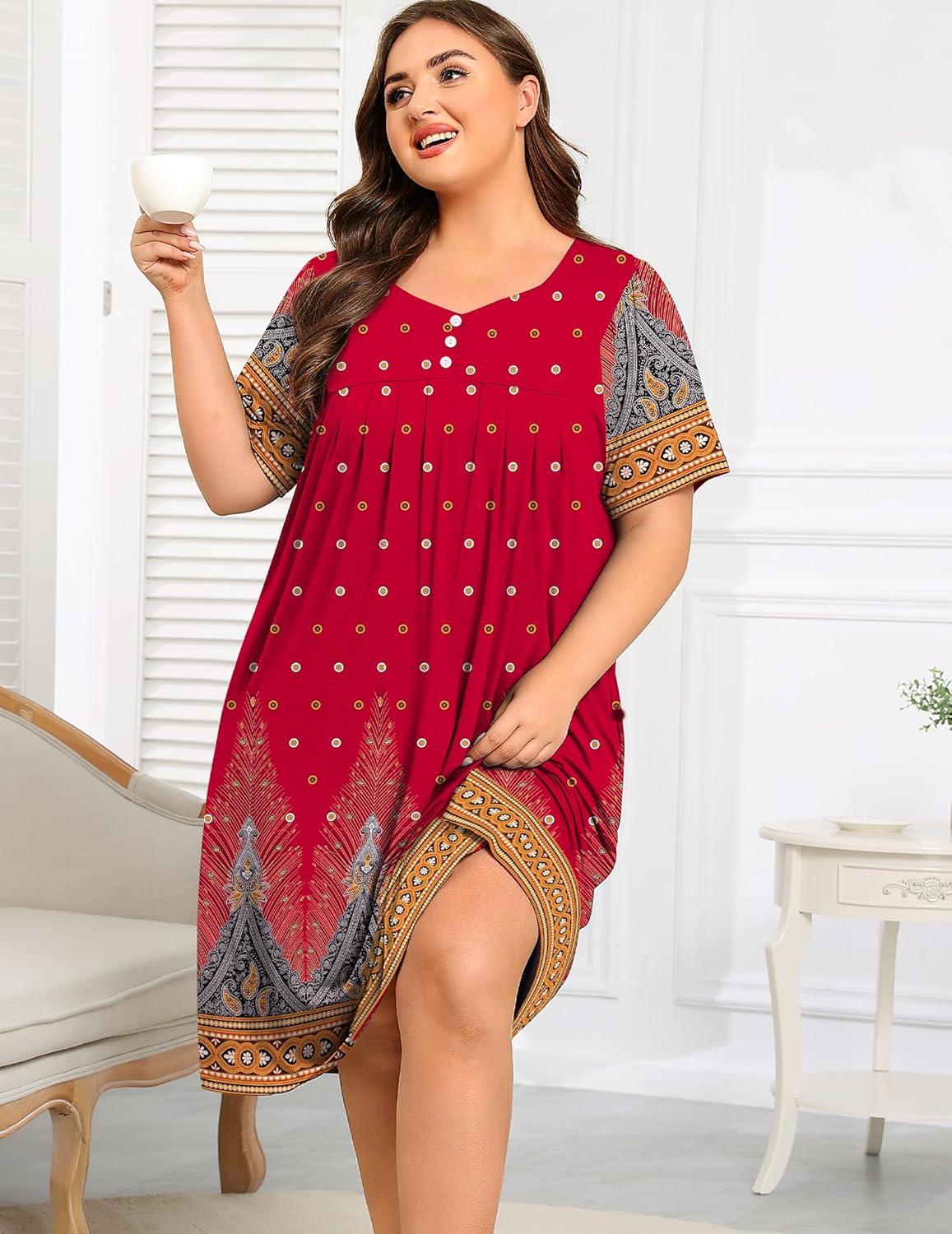 imageSWOMOG Women Plus Size House Dress Floral Print Nightgown for Women Button Sleepwear Mumu Dress with Pockets 18W26WRed