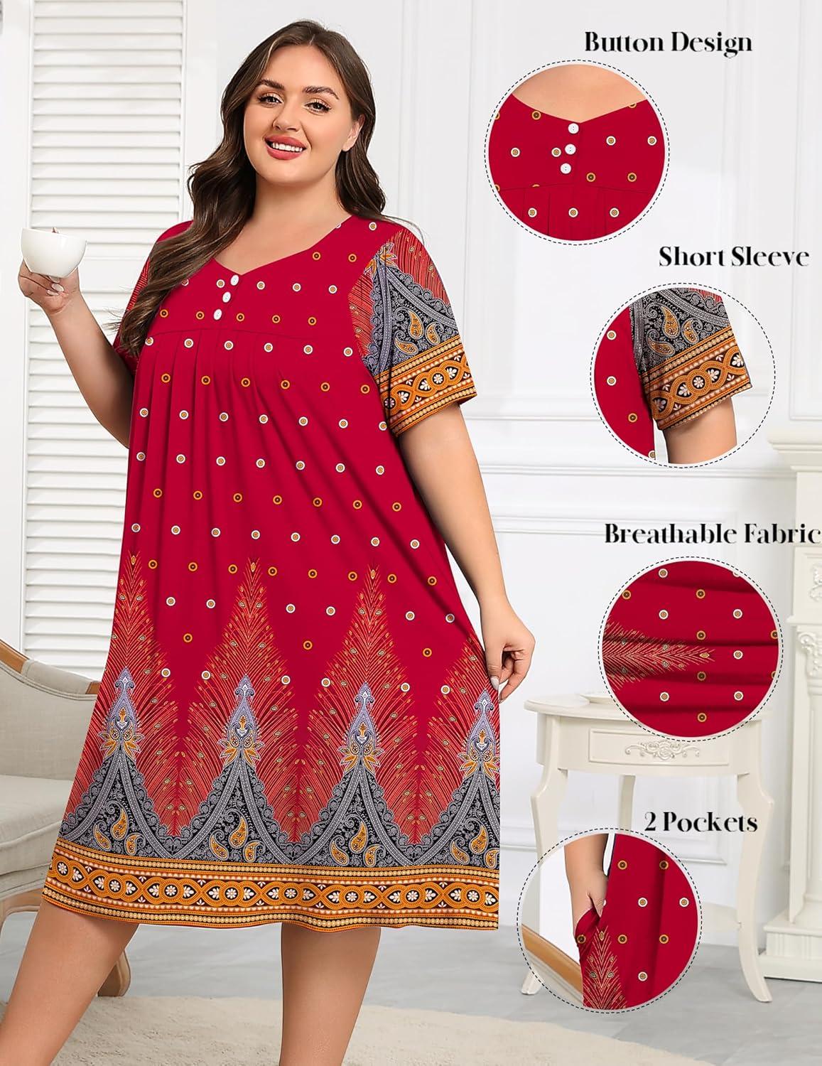imageSWOMOG Women Plus Size House Dress Floral Print Nightgown for Women Button Sleepwear Mumu Dress with Pockets 18W26WRed