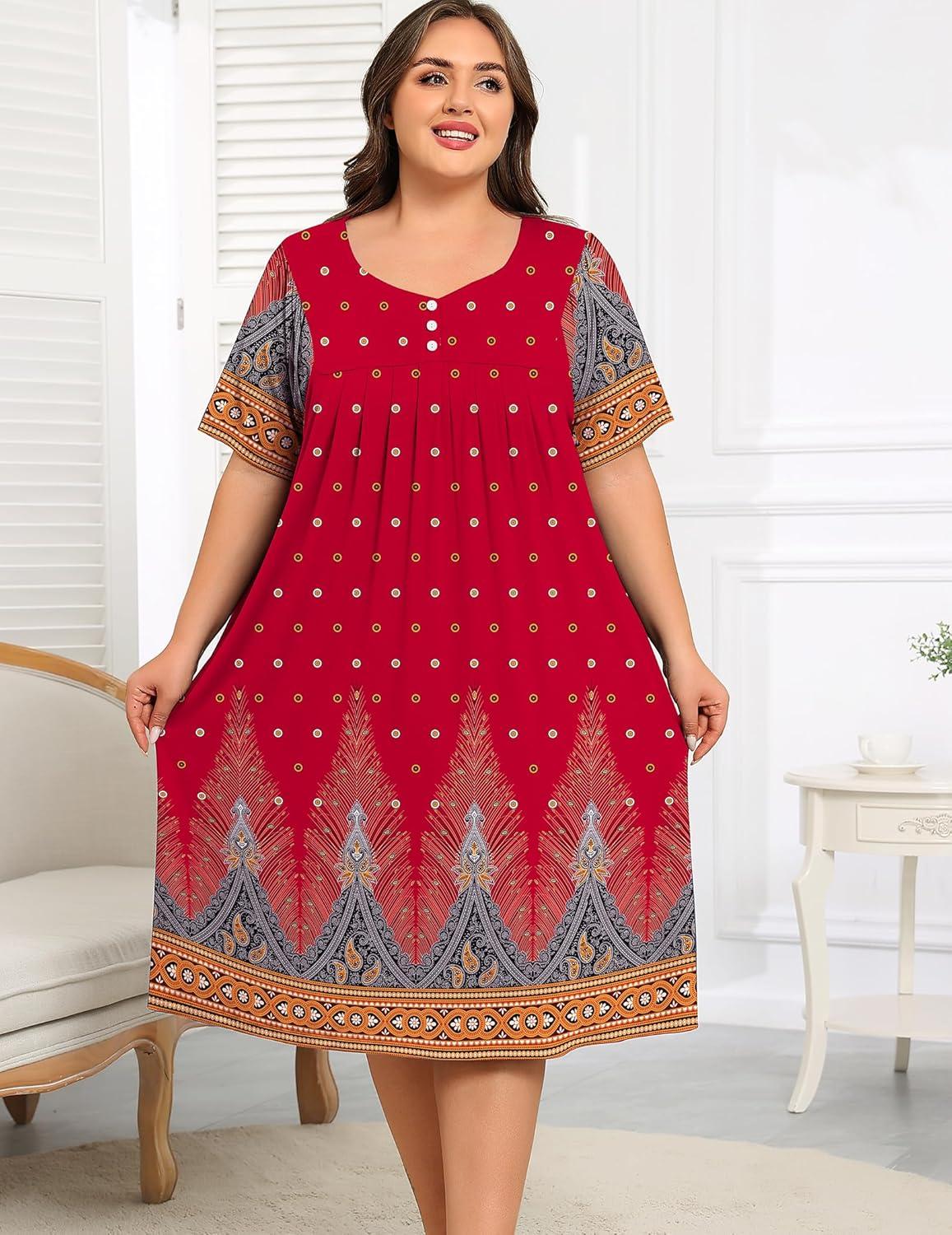imageSWOMOG Women Plus Size House Dress Floral Print Nightgown for Women Button Sleepwear Mumu Dress with Pockets 18W26WRed