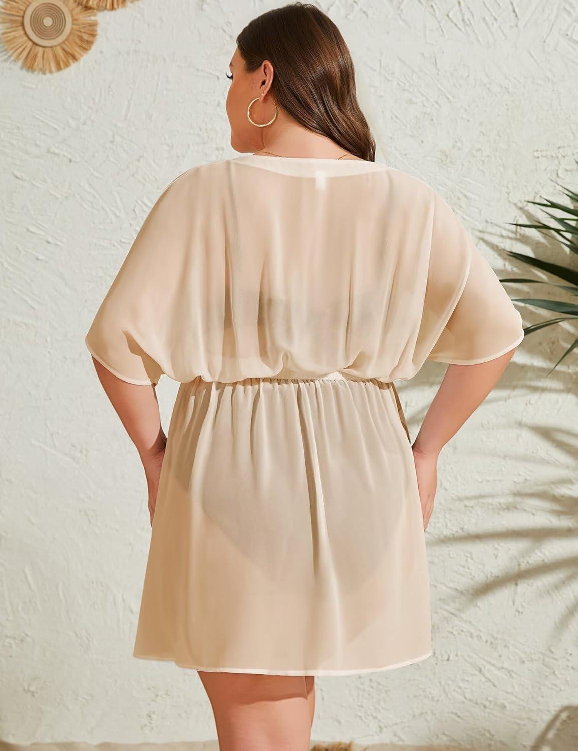 imageSWOMOG Women Plus Size Swimsuit Cover Up Bikini Bathing Suit Sexy Deep V Neck Swim Beach Dresses Summer BeachwearShortapricot