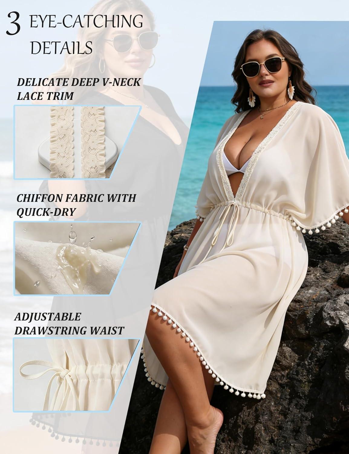 imageSWOMOG Women Swimsuit Cover Up Plus Size Bikini Swimwear Coverups Sheer Deep V Neck Beach Tunic Dresses Summer BeachwearApricot