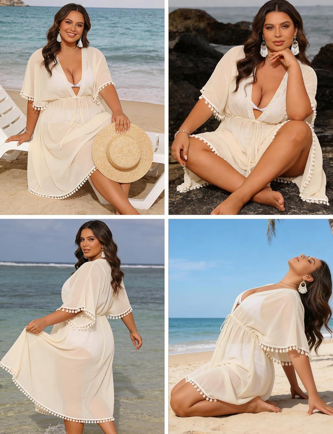imageSWOMOG Women Swimsuit Cover Up Plus Size Bikini Swimwear Coverups Sheer Deep V Neck Beach Tunic Dresses Summer BeachwearApricot