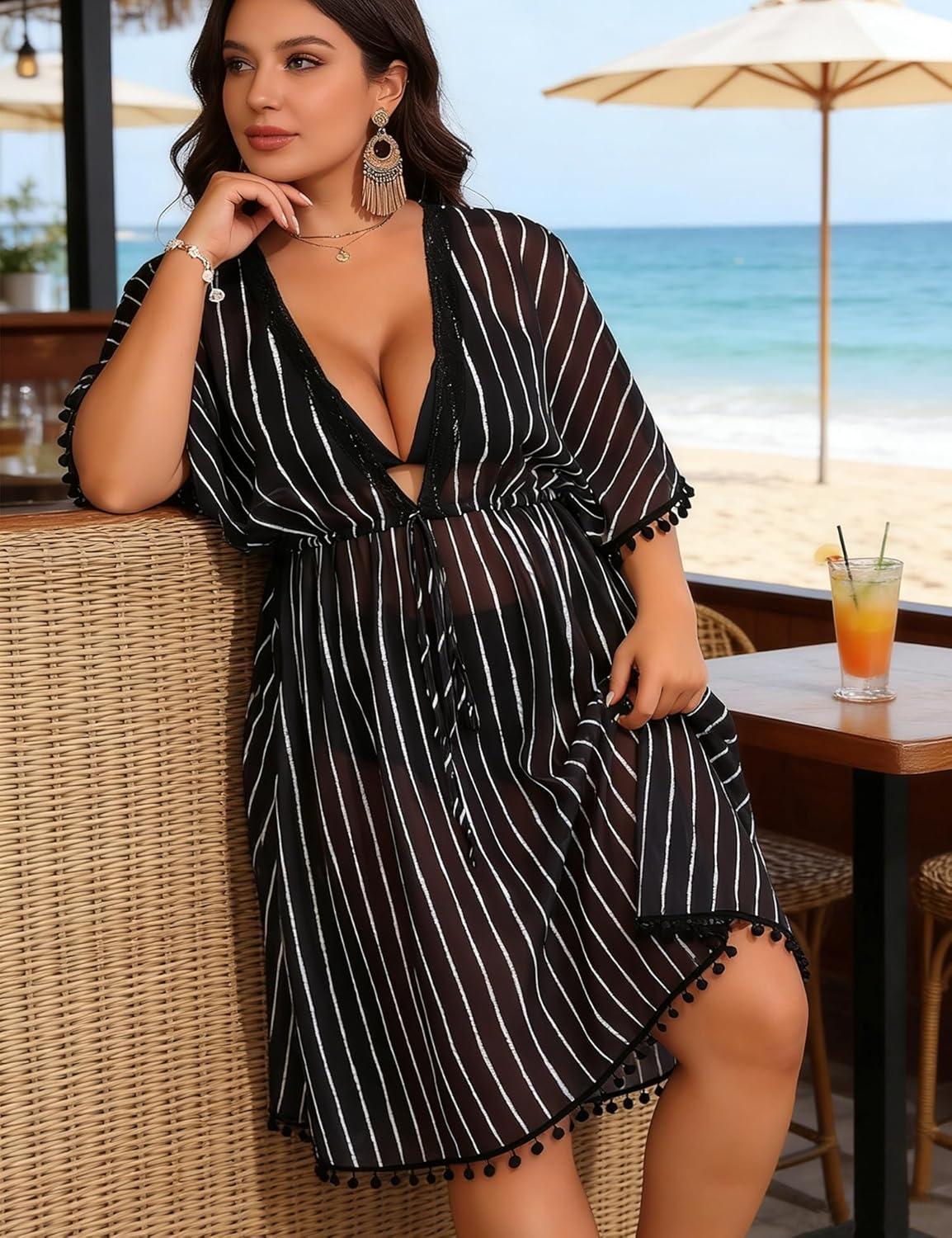 imageSWOMOG Women Swimsuit Cover Up Plus Size Bikini Swimwear Coverups Sheer Deep V Neck Beach Tunic Dresses Summer BeachwearBlack Stripe