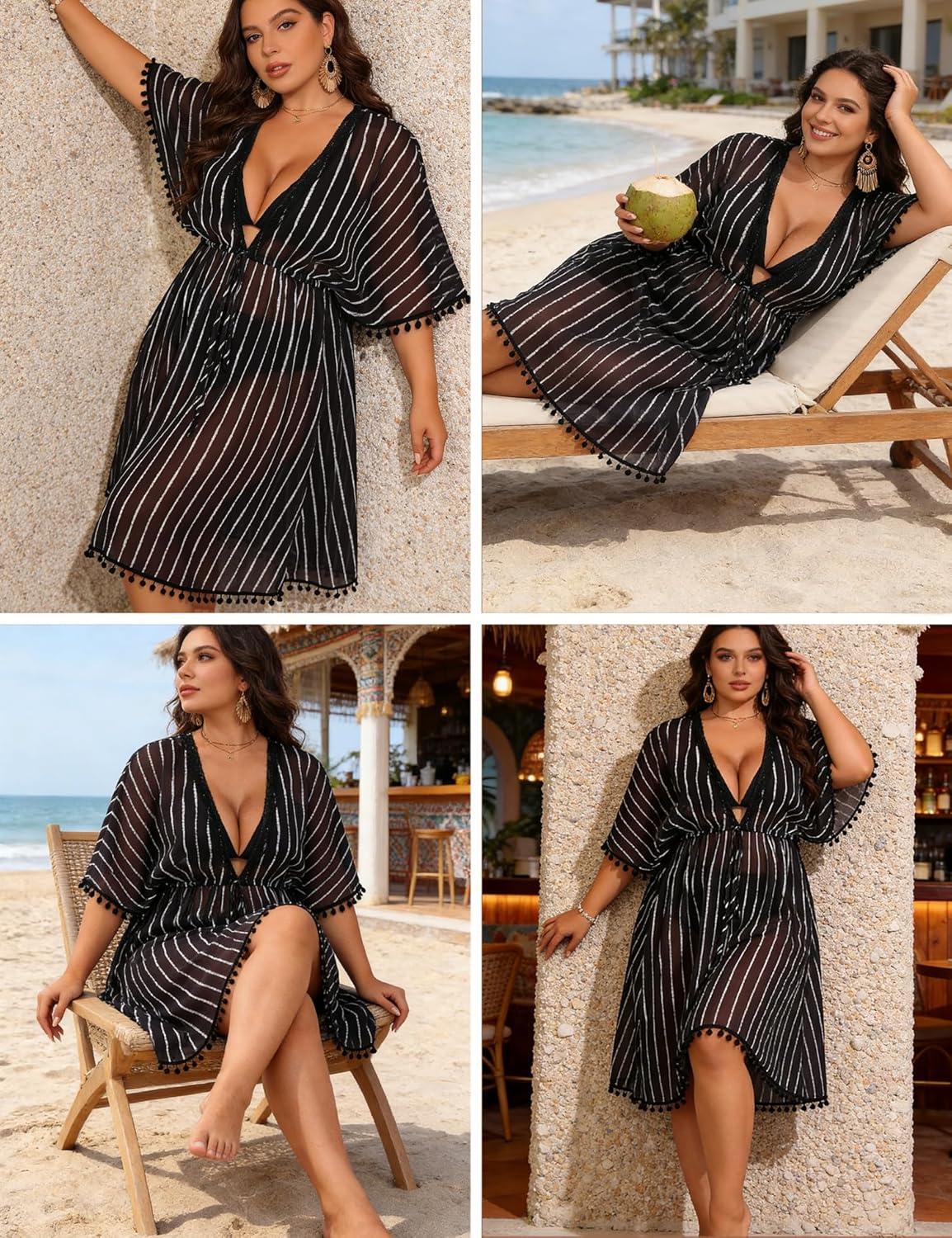 imageSWOMOG Women Swimsuit Cover Up Plus Size Bikini Swimwear Coverups Sheer Deep V Neck Beach Tunic Dresses Summer BeachwearBlack Stripe