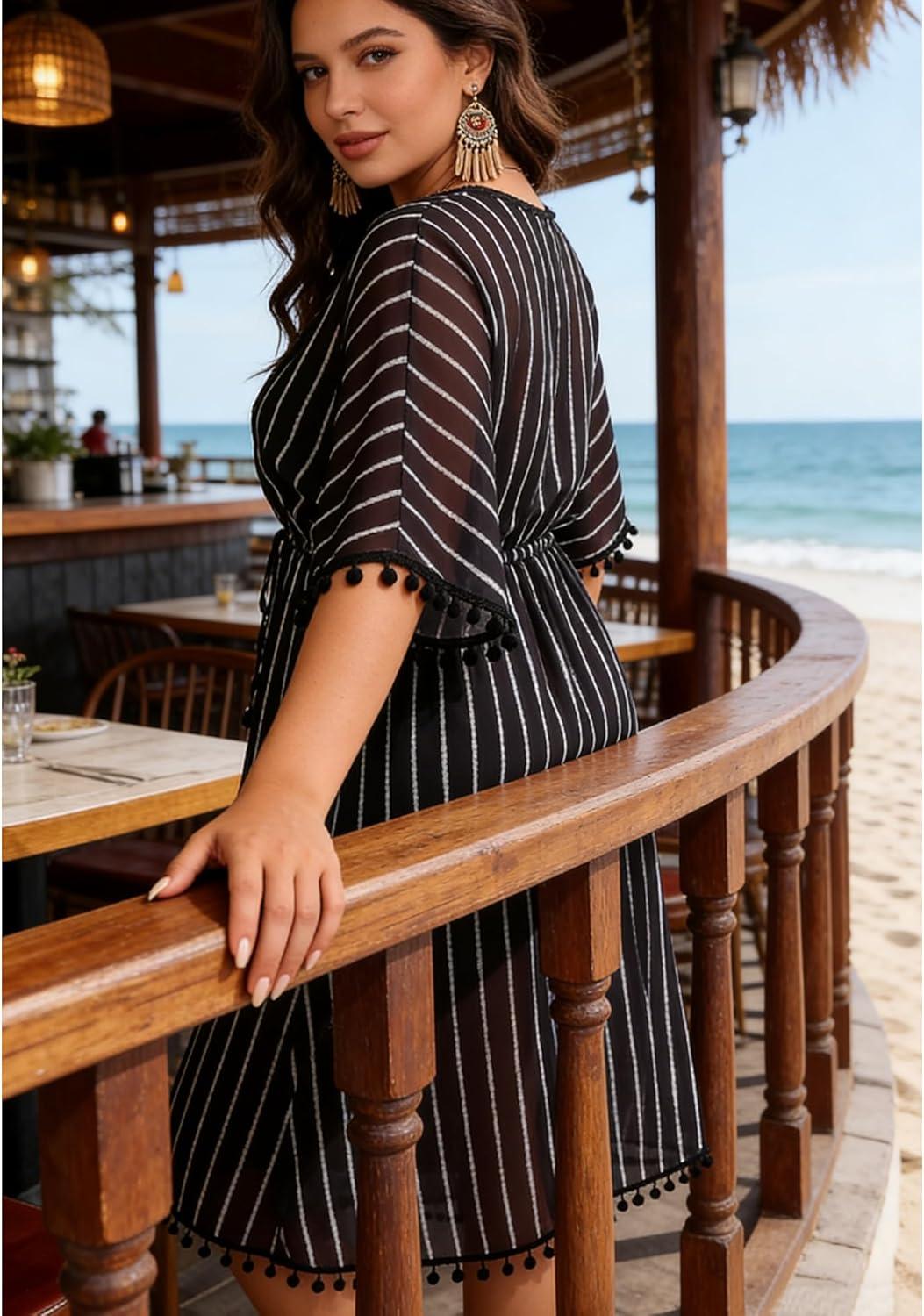 imageSWOMOG Women Swimsuit Cover Up Plus Size Bikini Swimwear Coverups Sheer Deep V Neck Beach Tunic Dresses Summer BeachwearBlack Stripe