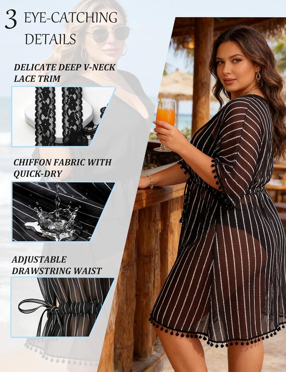 imageSWOMOG Women Swimsuit Cover Up Plus Size Bikini Swimwear Coverups Sheer Deep V Neck Beach Tunic Dresses Summer BeachwearBlack Stripe