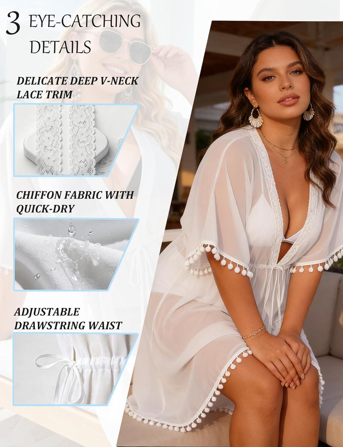 imageSWOMOG Women Swimsuit Cover Up Plus Size Bikini Swimwear Coverups Sheer Deep V Neck Beach Tunic Dresses Summer BeachwearWhite