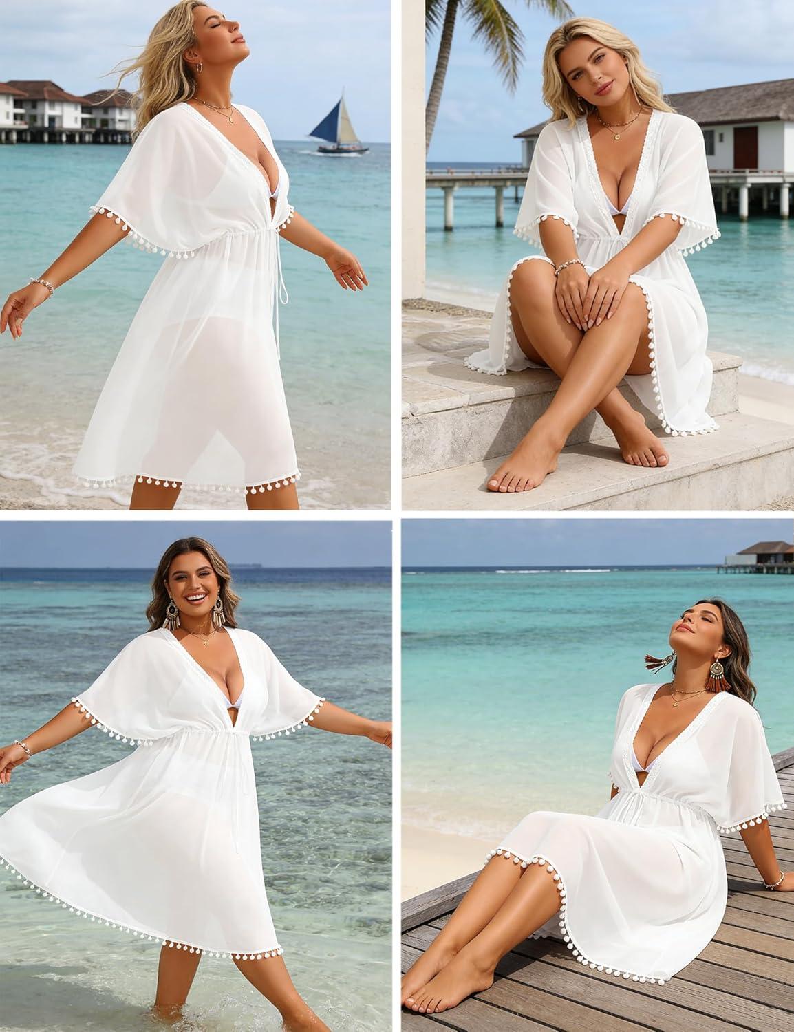 imageSWOMOG Women Swimsuit Cover Up Plus Size Bikini Swimwear Coverups Sheer Deep V Neck Beach Tunic Dresses Summer BeachwearWhite