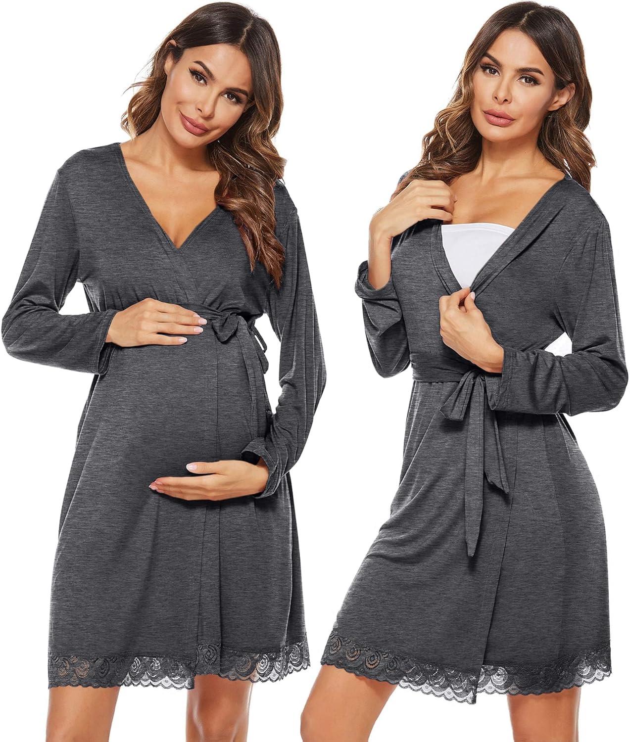 imageSWOMOG Womens Maternity Nursing Robe Pregnancy Breastfeeding Bathrobes 3 in 1 Labor Delivery NightgownsLong Sleevedark Gray