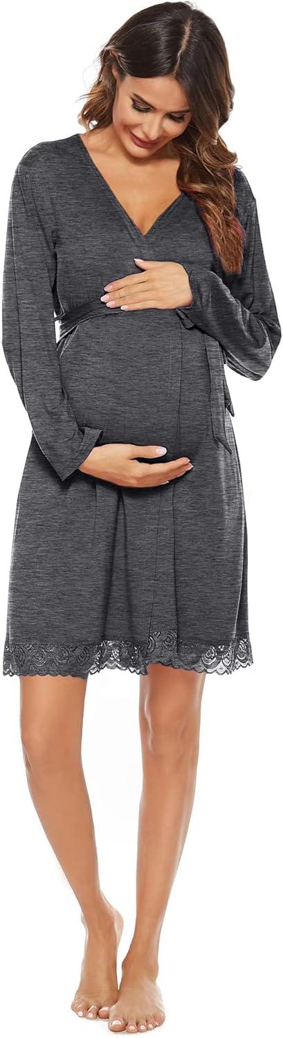 imageSWOMOG Womens Maternity Nursing Robe Pregnancy Breastfeeding Bathrobes 3 in 1 Labor Delivery NightgownsLong Sleevedark Gray