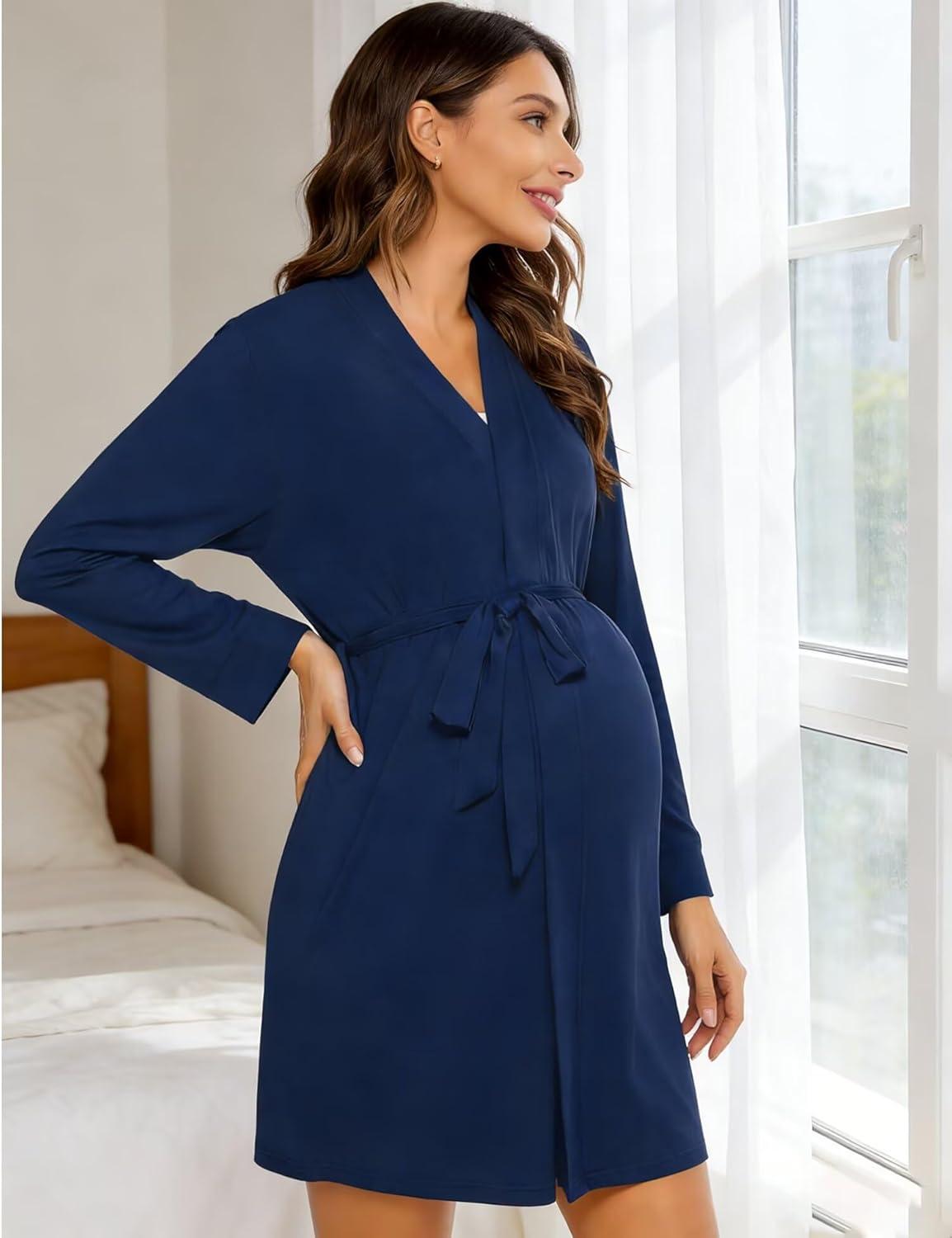 imageSWOMOG Womens Maternity Nursing Robe Pregnancy Breastfeeding Bathrobes 3 in 1 Labor Delivery NightgownsPlus Sizenavy Blue