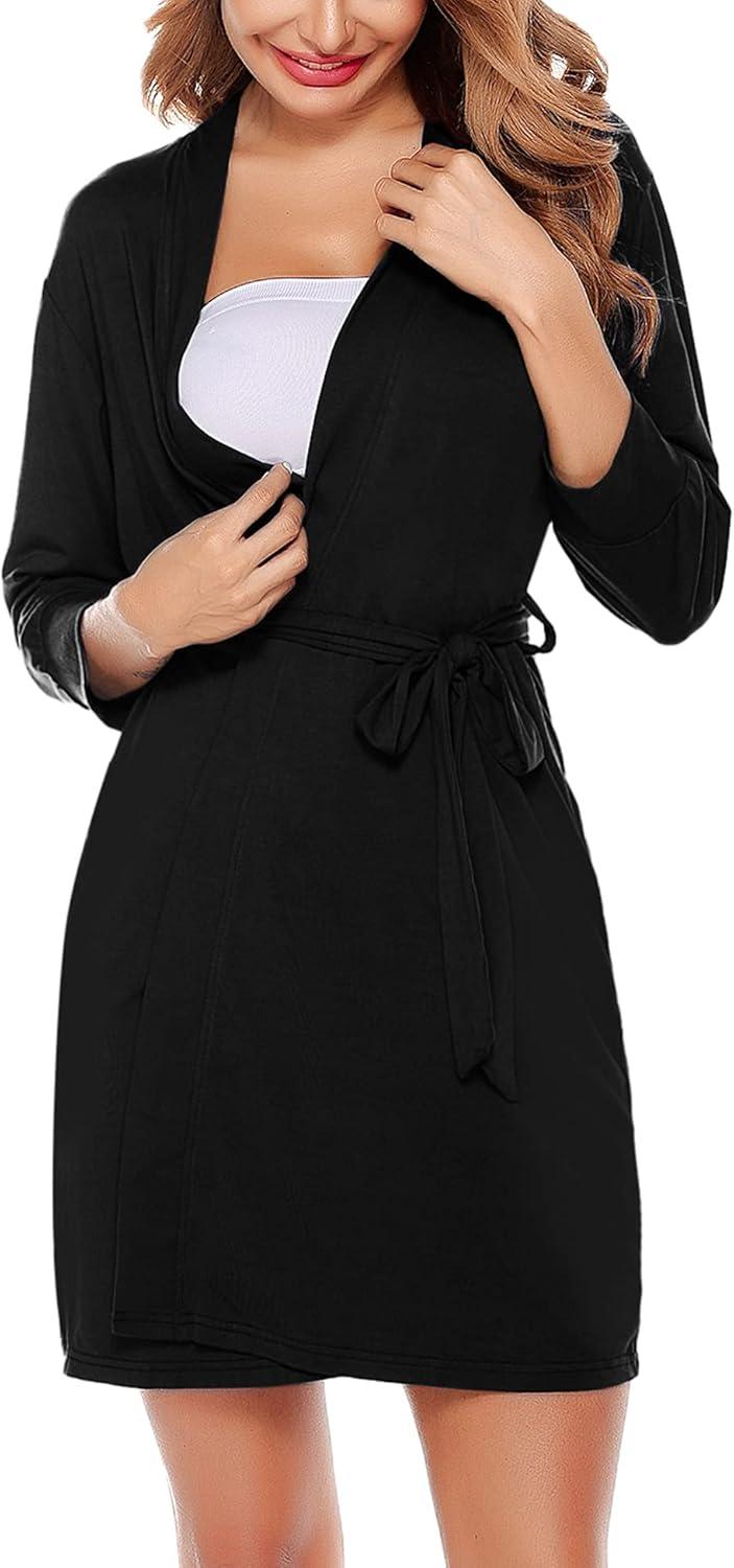 imageSWOMOG Womens Maternity Nursing Robe Pregnancy Breastfeeding Bathrobes 3 in 1 Labor Delivery NightgownsZ34 Sleeve Black