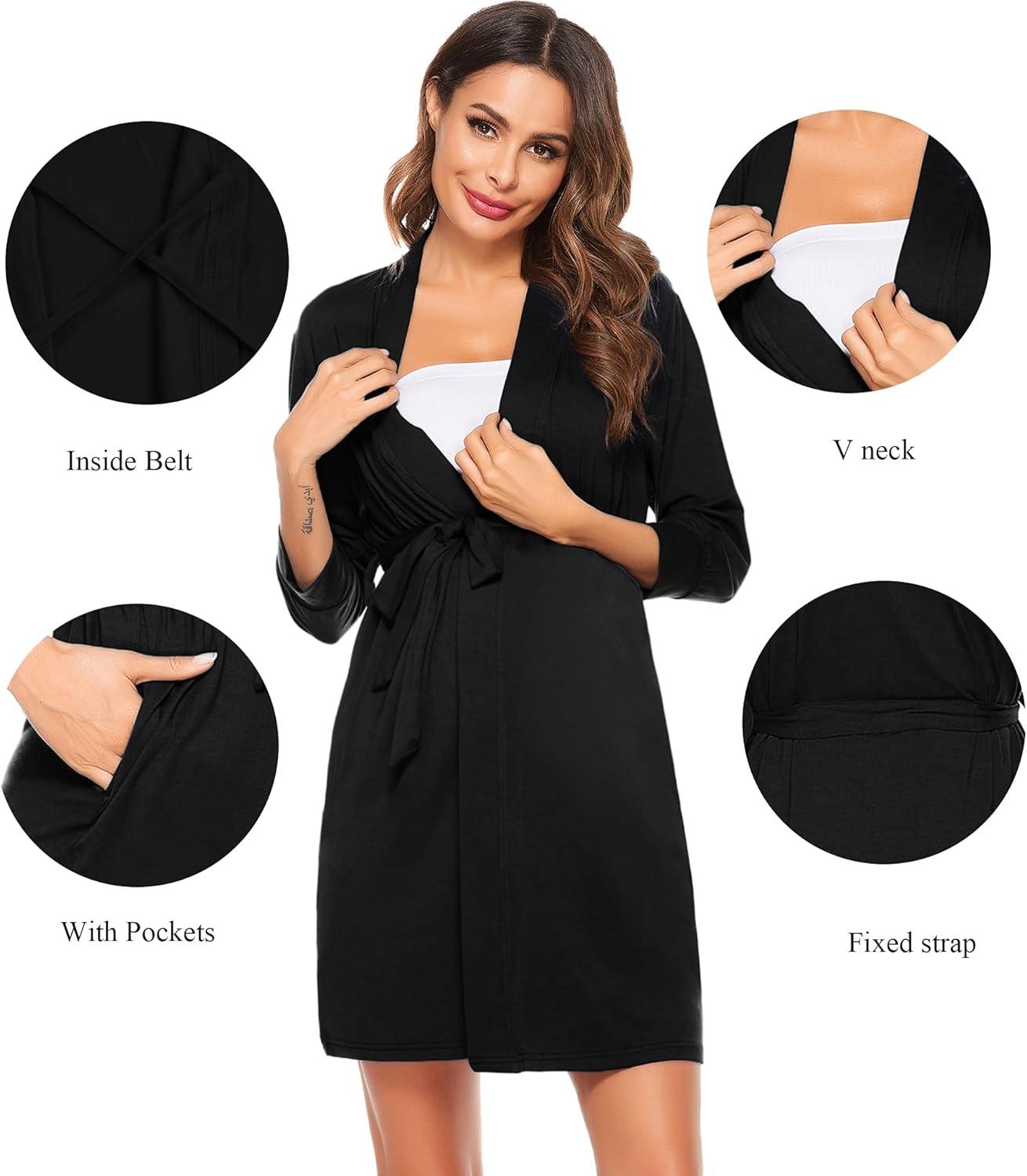 imageSWOMOG Womens Maternity Nursing Robe Pregnancy Breastfeeding Bathrobes 3 in 1 Labor Delivery NightgownsZ34 Sleeve Black