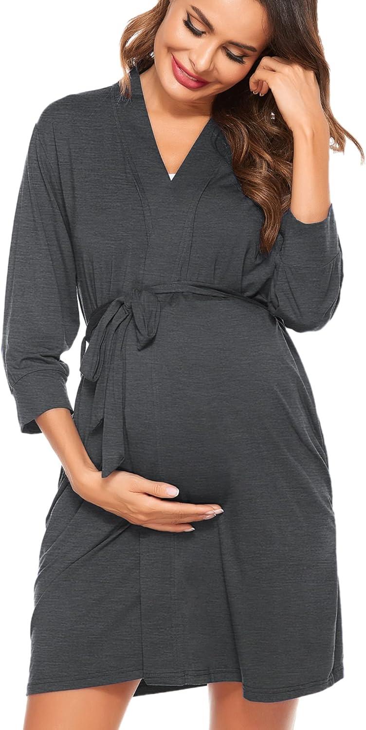 imageSWOMOG Womens Maternity Nursing Robe Pregnancy Breastfeeding Bathrobes 3 in 1 Labor Delivery NightgownsZ34 Sleeve Dark Grey