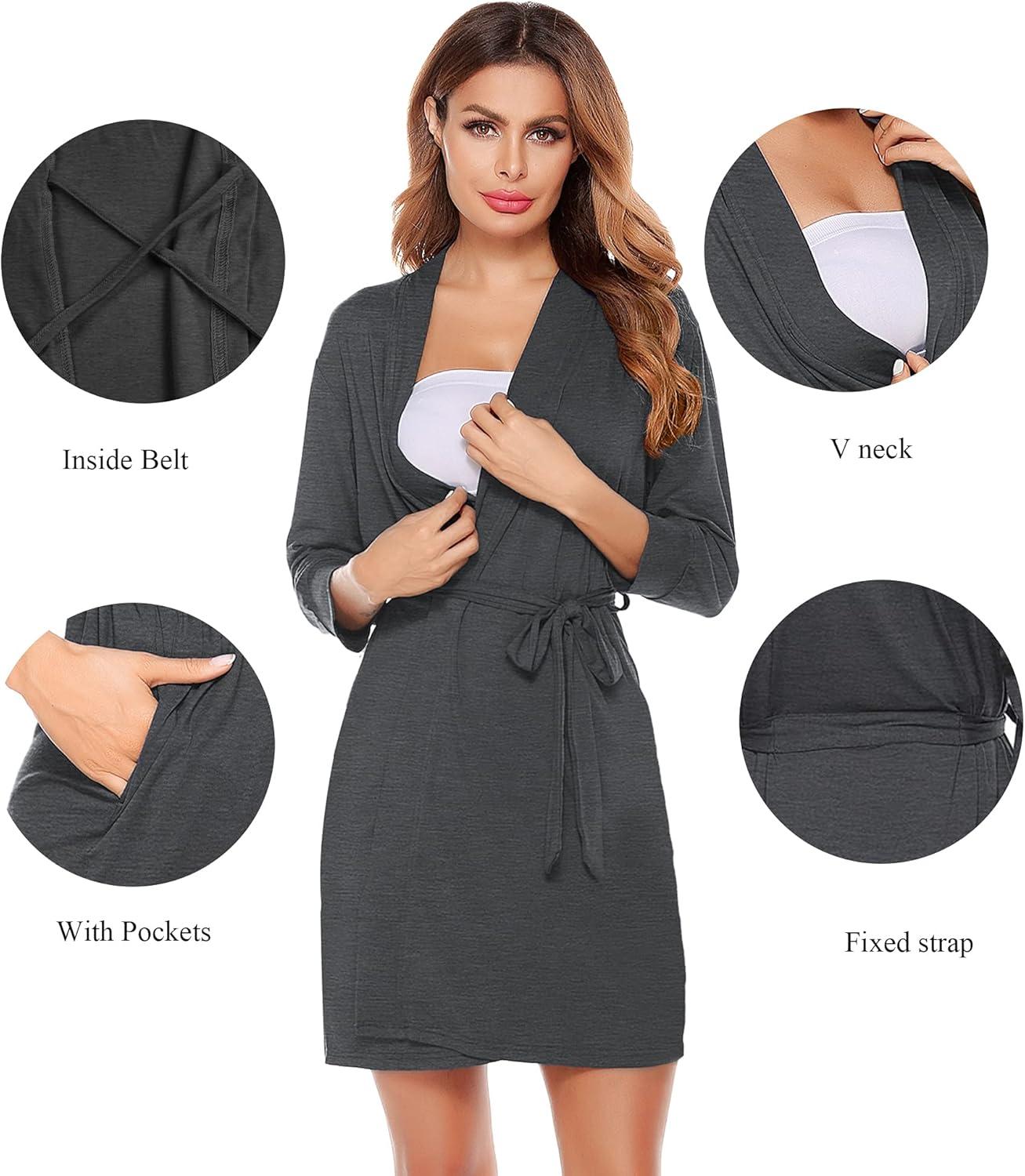 imageSWOMOG Womens Maternity Nursing Robe Pregnancy Breastfeeding Bathrobes 3 in 1 Labor Delivery NightgownsZ34 Sleeve Dark Grey