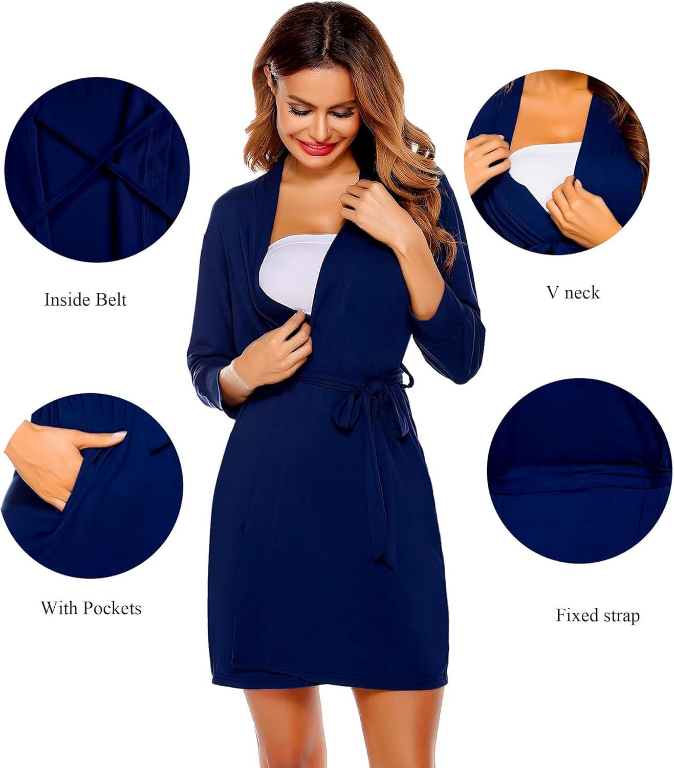 imageSWOMOG Womens Maternity Nursing Robe Pregnancy Breastfeeding Bathrobes 3 in 1 Labor Delivery NightgownsZ34 Sleeve Navy Blue