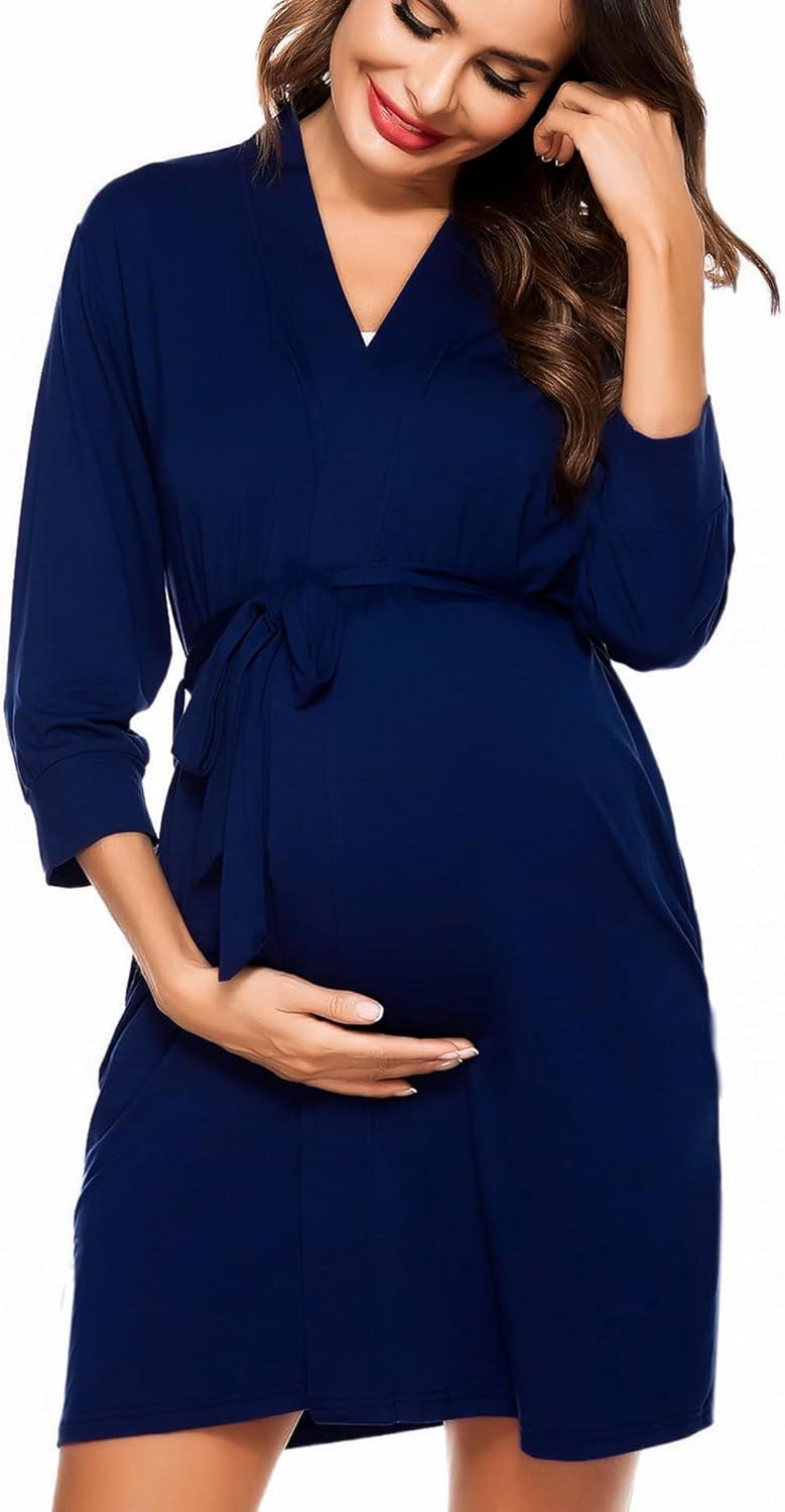 imageSWOMOG Womens Maternity Nursing Robe Pregnancy Breastfeeding Bathrobes 3 in 1 Labor Delivery NightgownsZ34 Sleeve Navy Blue